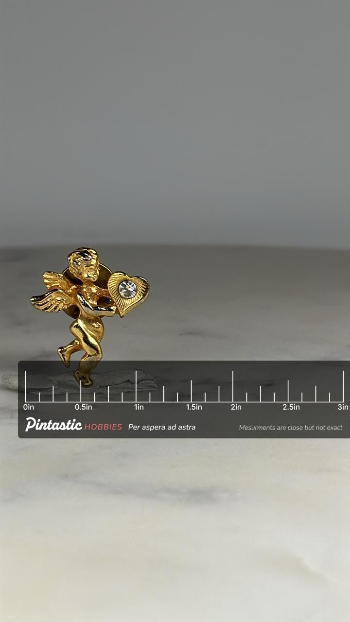 Cherub Angel Heart Pin: Gold Tone with Rhinestone - Romantic Vintage Accessory with ruler overlay for size reference