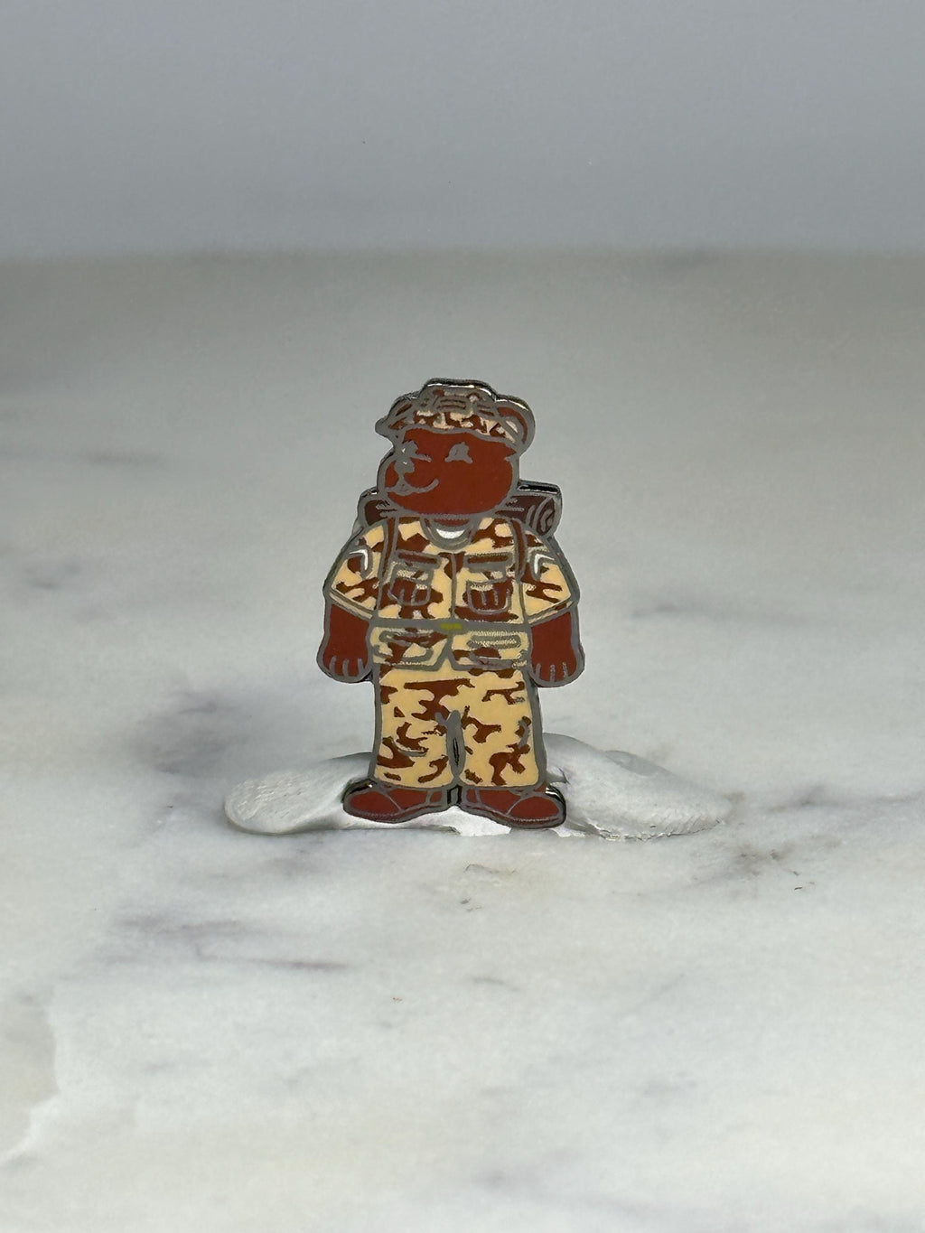 Desert Camo Bear Soldier Pin: Enamel Brown & Tan - Military Tribute Accessory