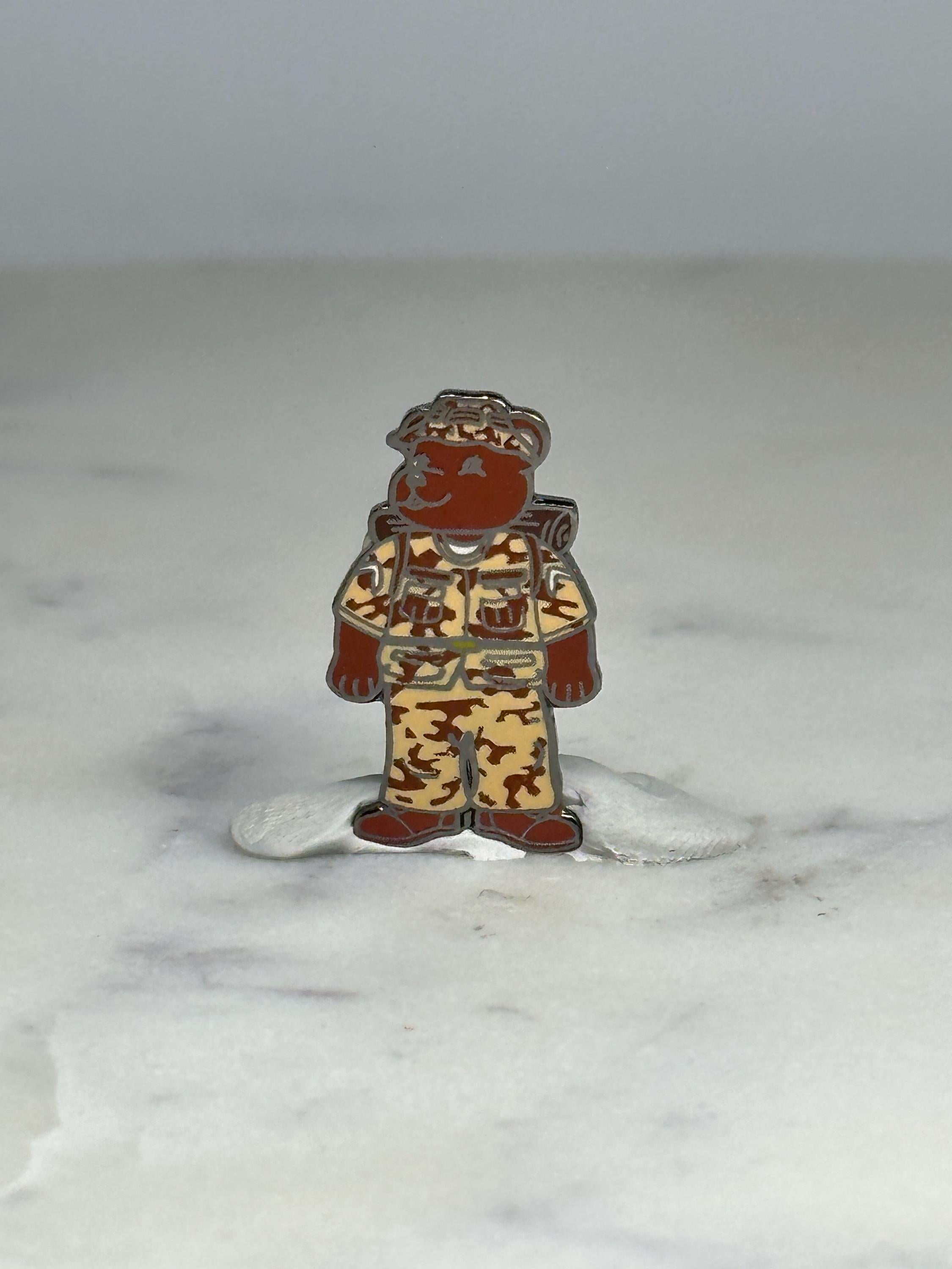 Desert Camo Bear Soldier Pin: Enamel Brown & Tan - Military Tribute Accessory