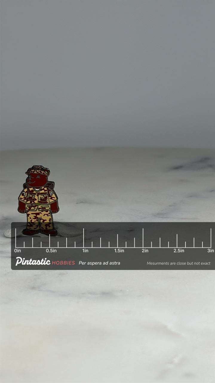Desert Camo Bear Soldier Pin: Enamel Brown & Tan - Military Tribute Accessory with ruler overlay for size reference