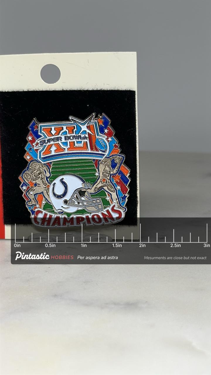 Super Bowl XLI Champions Pin: NFL Colts Enamel - Sports Collectible Accessory with ruler overlay for size reference