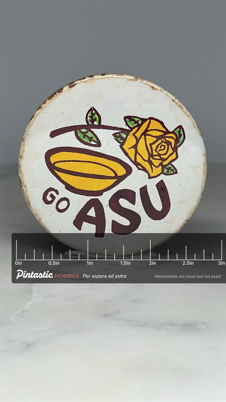 ASU Rose Bowl Button Pin: Maroon & Gold - Vintage College Accessory with ruler overlay for size reference