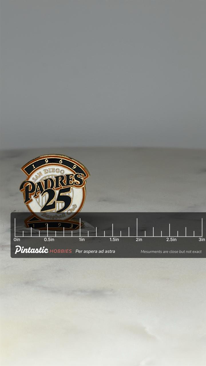 San Diego Padres Baseball Pin: Gold Enamel Finish - 1993 Anniversary Accessory with ruler overlay for size reference