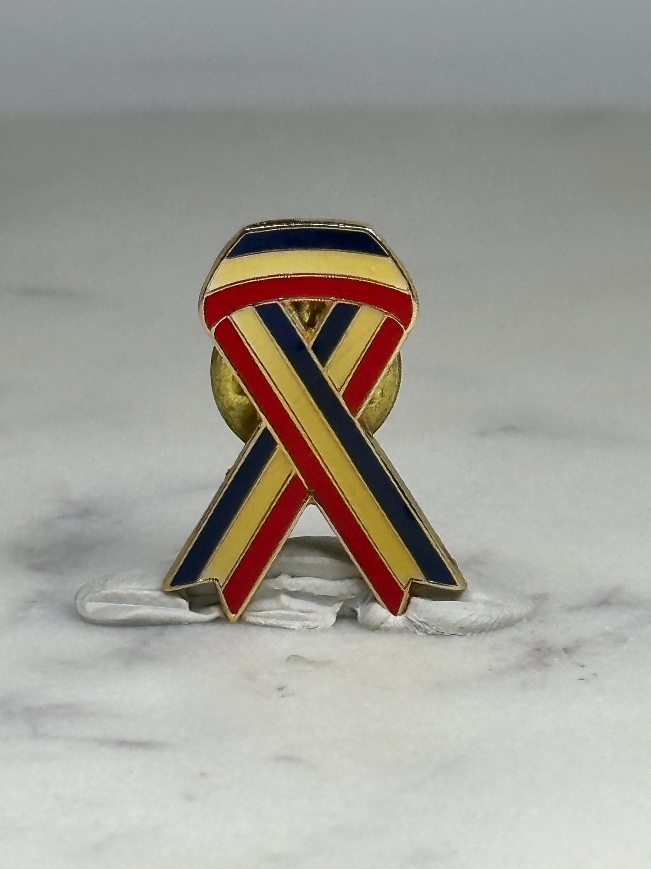 American Flag Awareness Ribbon Pin: Red Yellow Blue Enamel - Patriotic Accessory