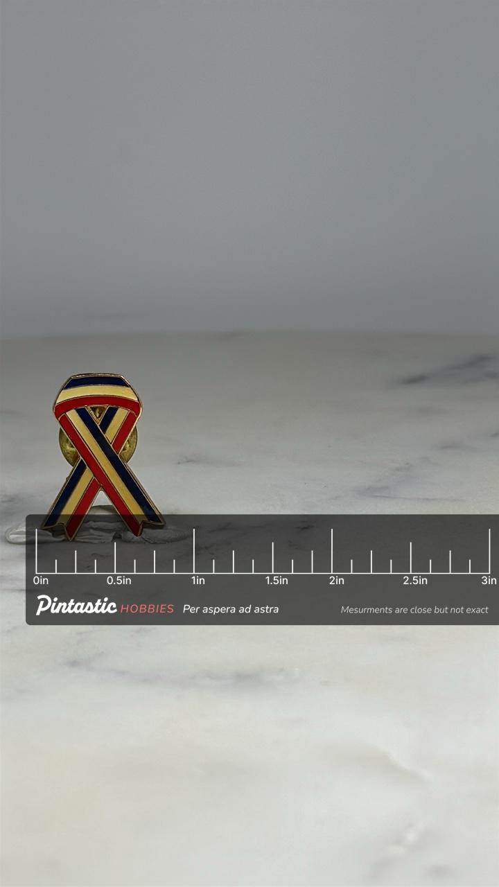 American Flag Awareness Ribbon Pin: Red Yellow Blue Enamel - Patriotic Accessory with ruler overlay for size reference