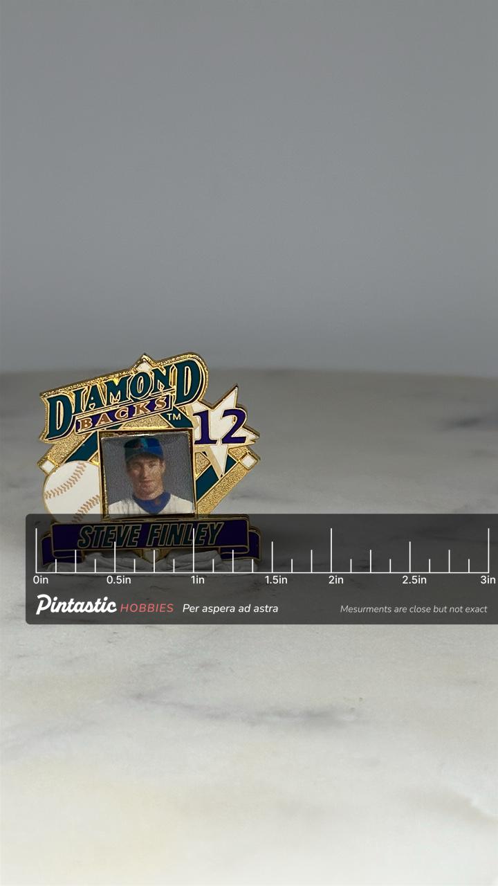 Steve Finley Diamondbacks Pin: Gold Enamel - 1990s MLB Accessory with ruler overlay for size reference