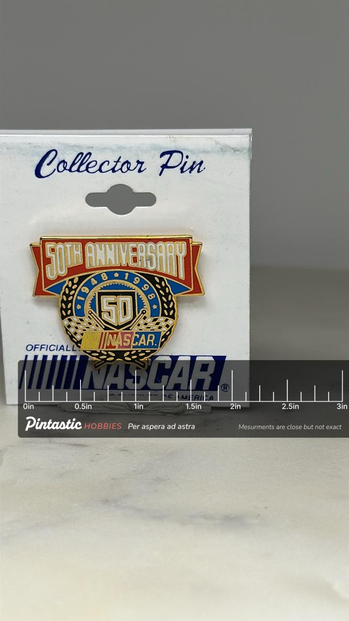 NASCAR 50th Anniversary Pin: Gold Enamel Finish - 1998 Racing Accessory with ruler overlay for size reference