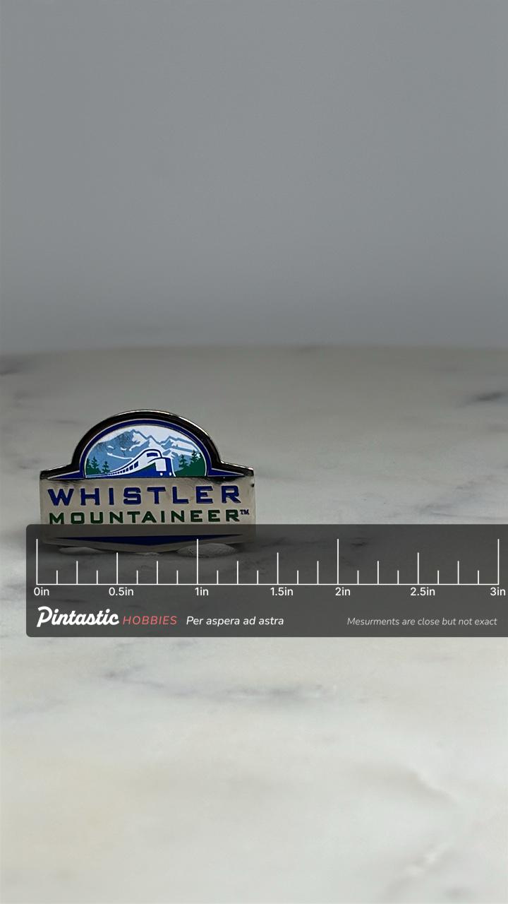 Whistler Mountaineer Train Pin: Silver Enamel - Travel Collectible Accessory with ruler overlay for size reference
