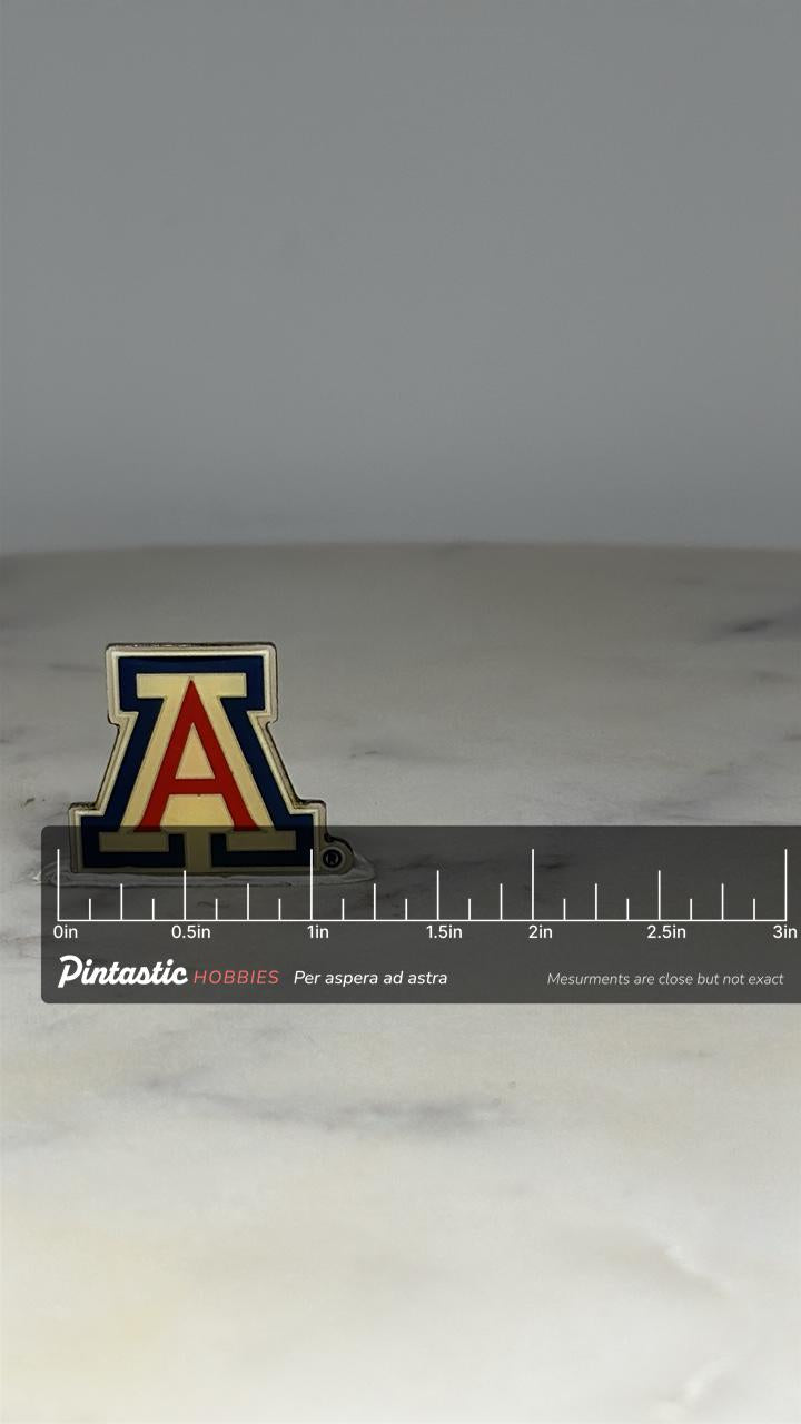 University of Arizona Lapel Pin: Red Blue Enamel - Vintage College Accessory with ruler overlay for size reference