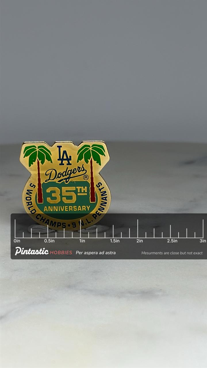 LA Dodgers Collector Pin: Enamel Gold Tone - 35th Anniversary Accessory with ruler overlay for size reference