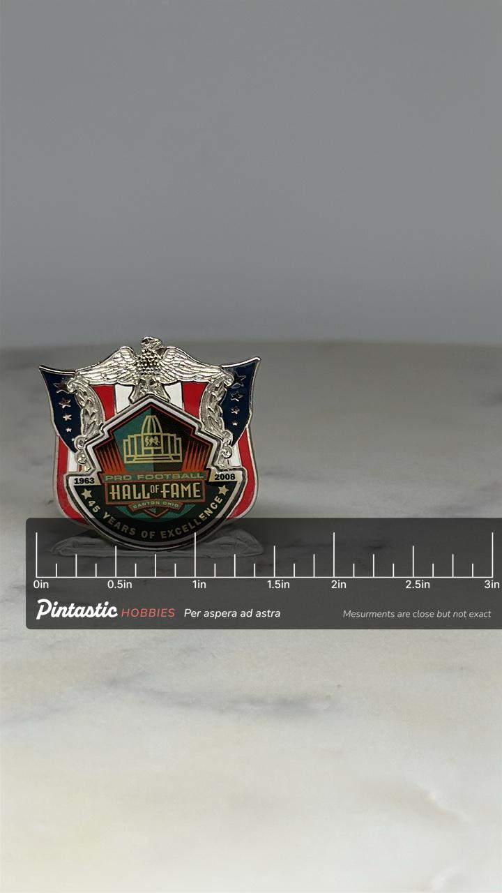 NFL Hall of Fame Pin: Red White Blue Enamel - 2008 Anniversary Accessory with ruler overlay for size reference
