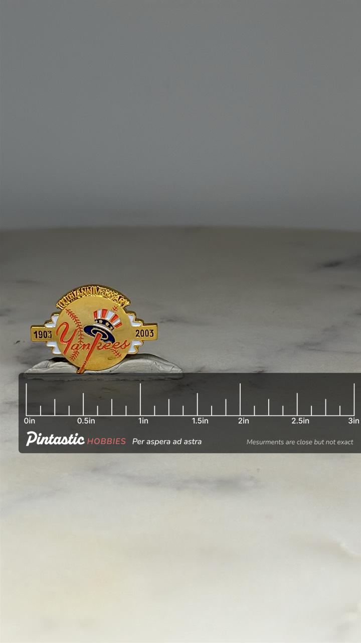 Yankees Baseball Pin: Gold Enamel Finish - 100th Anniversary Accessory with ruler overlay for size reference