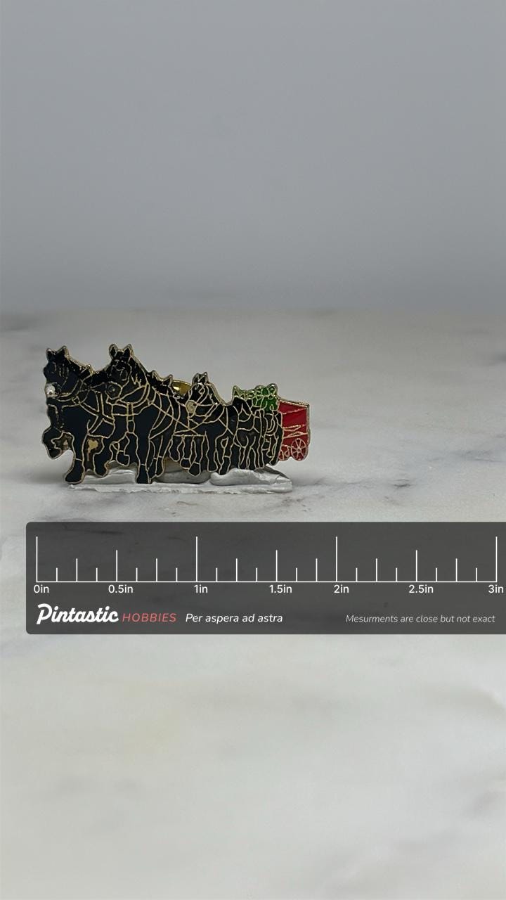 Budweiser Clydesdale Horse Team Pin: Black & Red Enamel - Vintage Collectible Accessory with ruler overlay for size reference