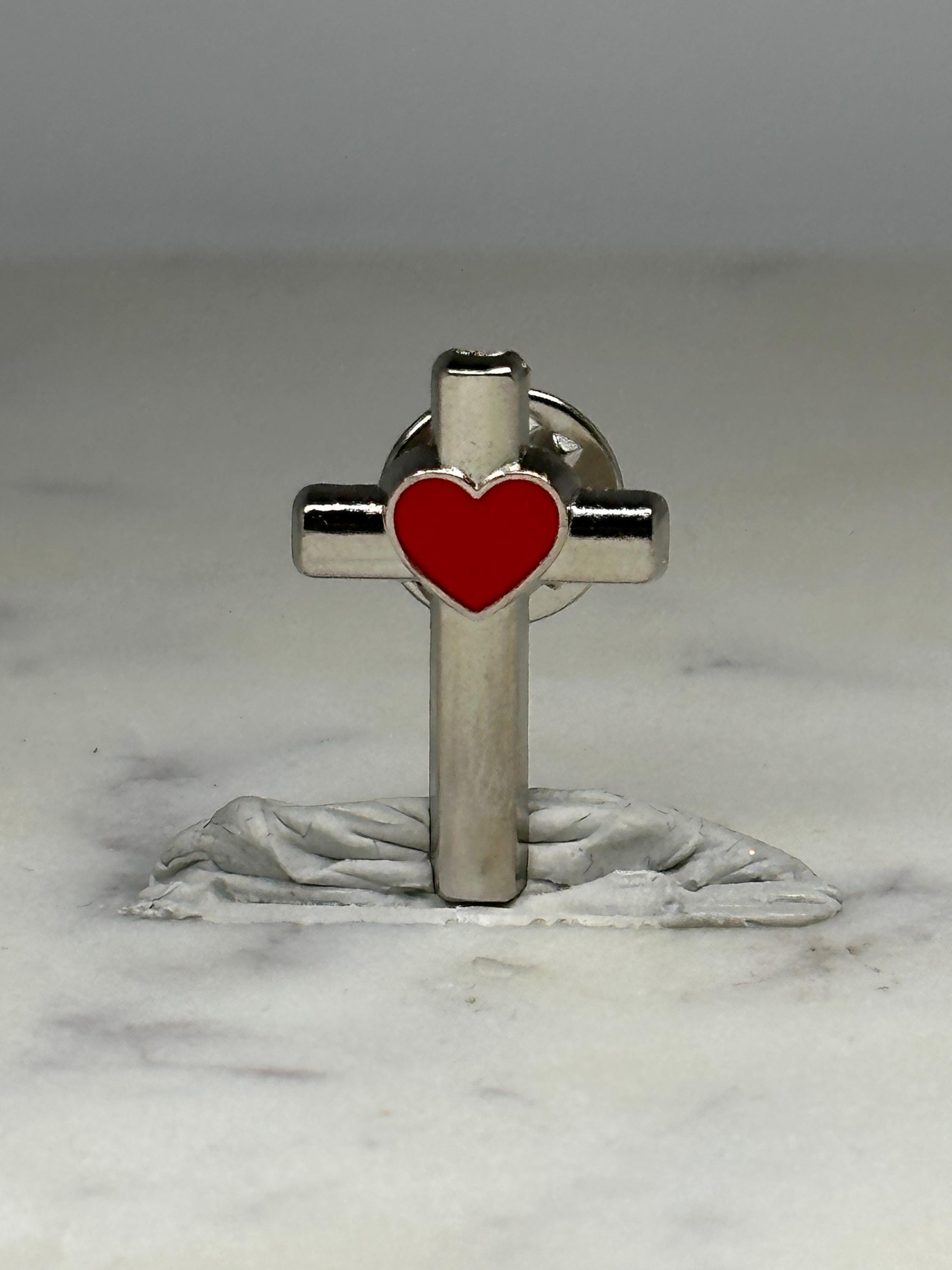 Cross and Heart Lapel Pin: Silver Tone with Red Enamel - Faith-Inspired Accessory