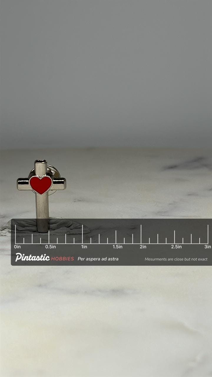Cross and Heart Lapel Pin: Silver Tone with Red Enamel - Faith-Inspired Accessory with ruler overlay for size reference