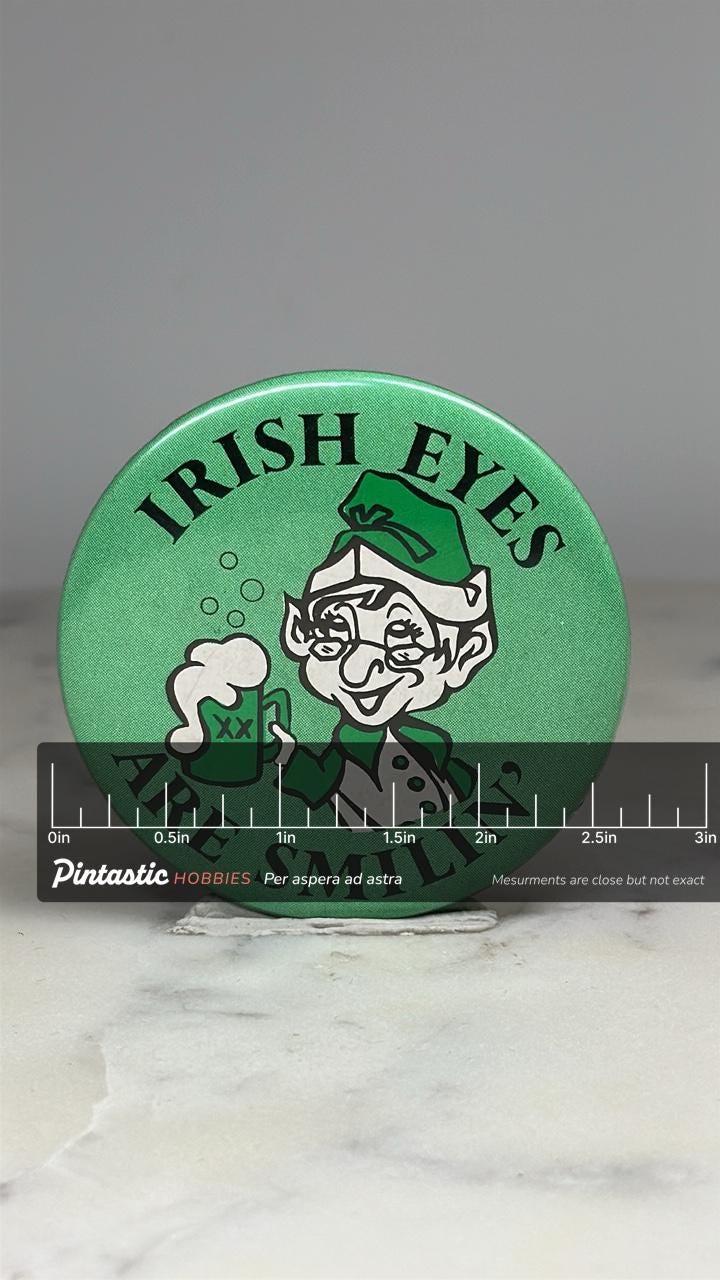 Irish Leprechaun Pinback Button: Green Cartoon Design - Vintage Holiday Accessory with ruler overlay for size reference
