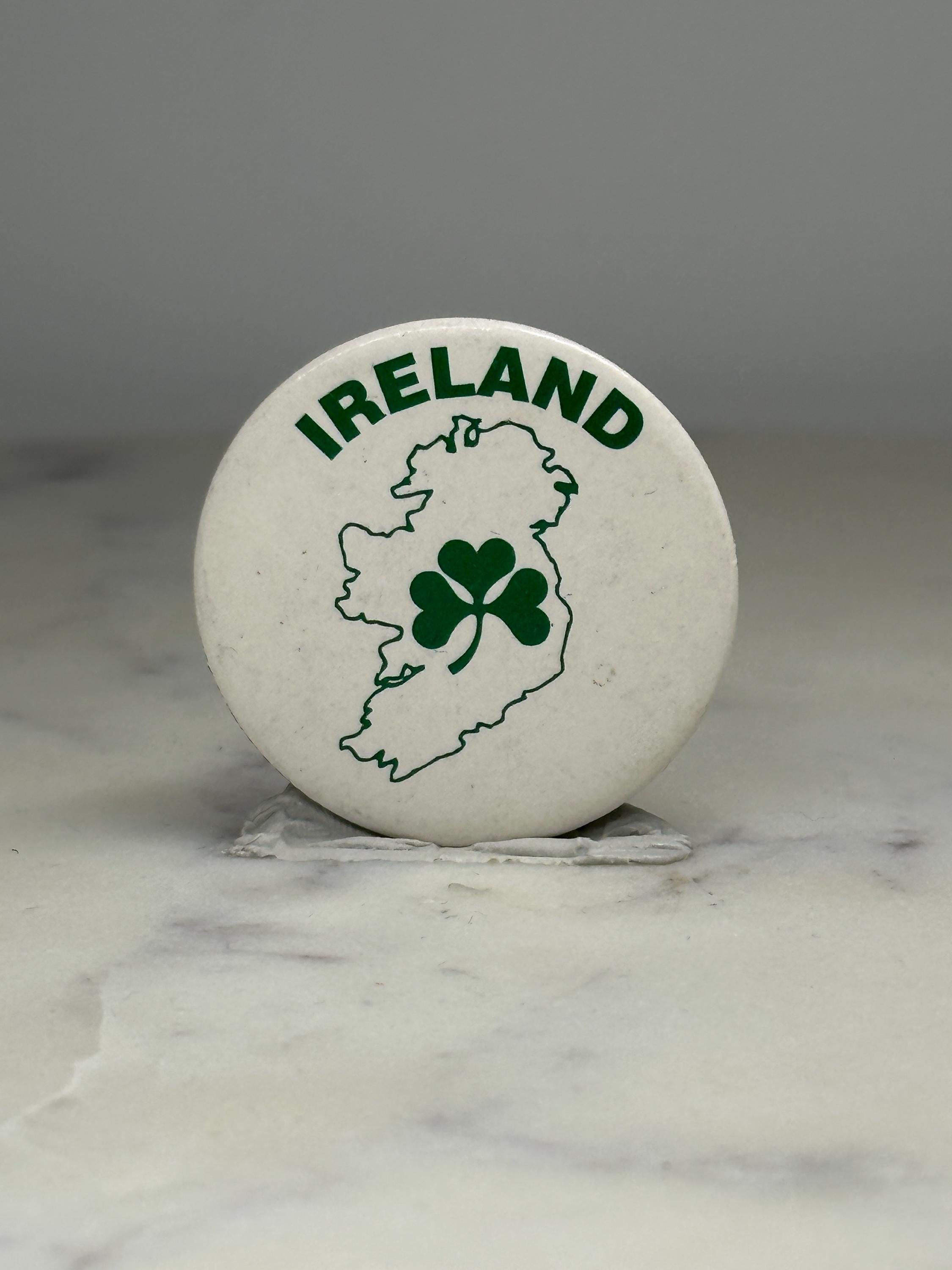 Ireland Shamrock Pinback Button: Green White Design - Vintage Souvenir Accessory