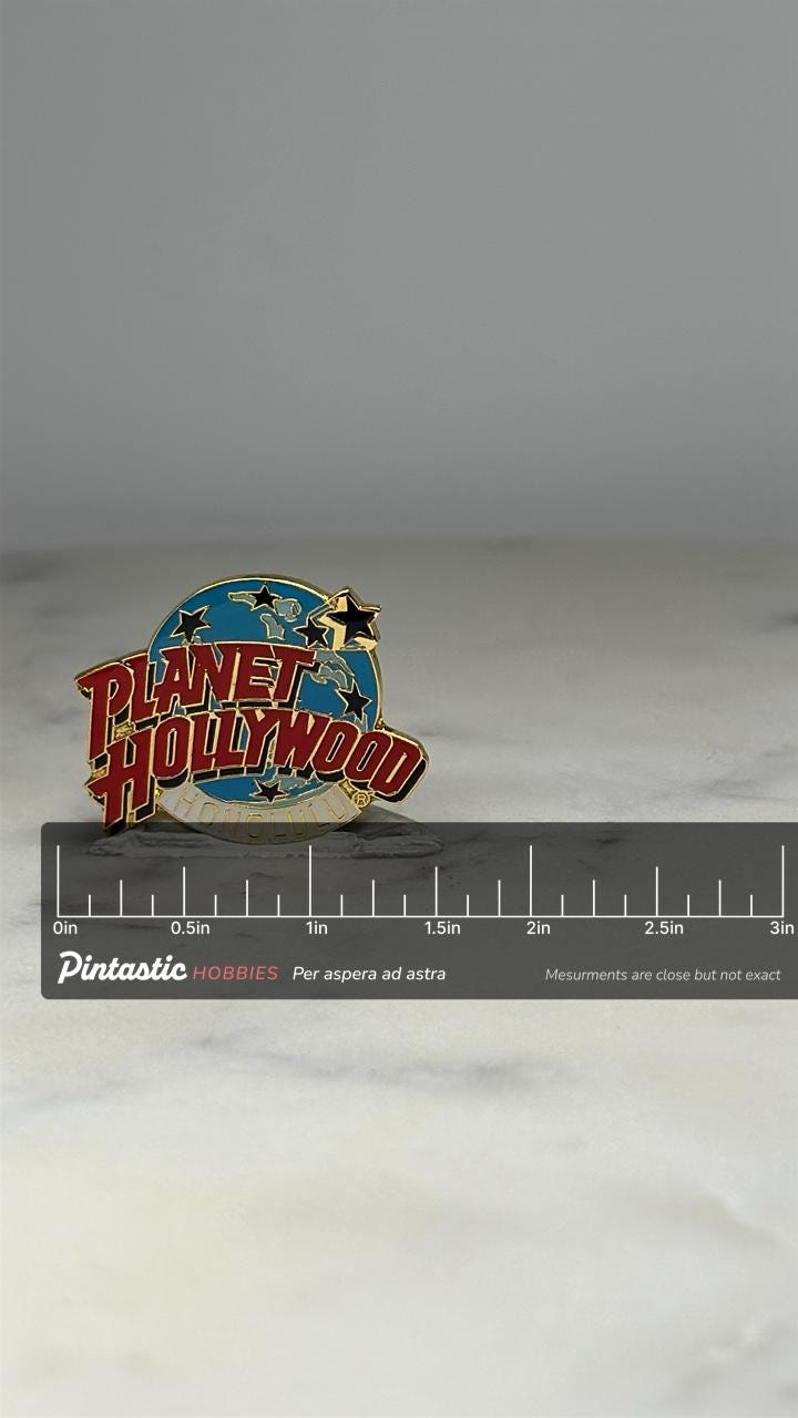 Planet Hollywood Lapel Pin: Red Gold Enamel - 90s Honolulu Accessory with ruler overlay for size reference