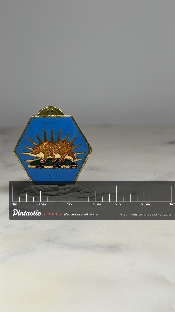 California National Gaurd Army Bear Pin: Blue Enamel - Vintage DI Crest with ruler overlay for size reference