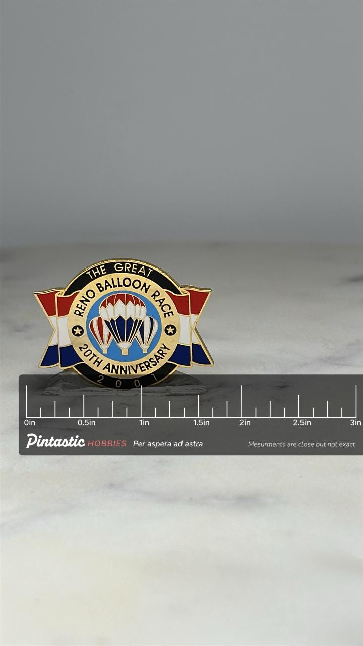Reno Balloon Race Pin: Red White Blue Enamel - 2001 Anniversary Accessory with ruler overlay for size reference