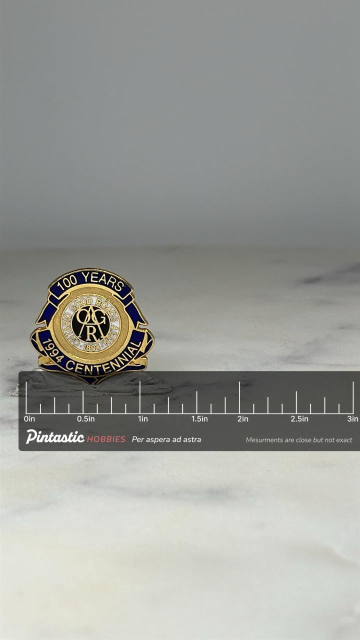 Ontario Good Roads Pin: Gold & Blue Enamel - 1994 Centennial Accessory with ruler overlay for size reference