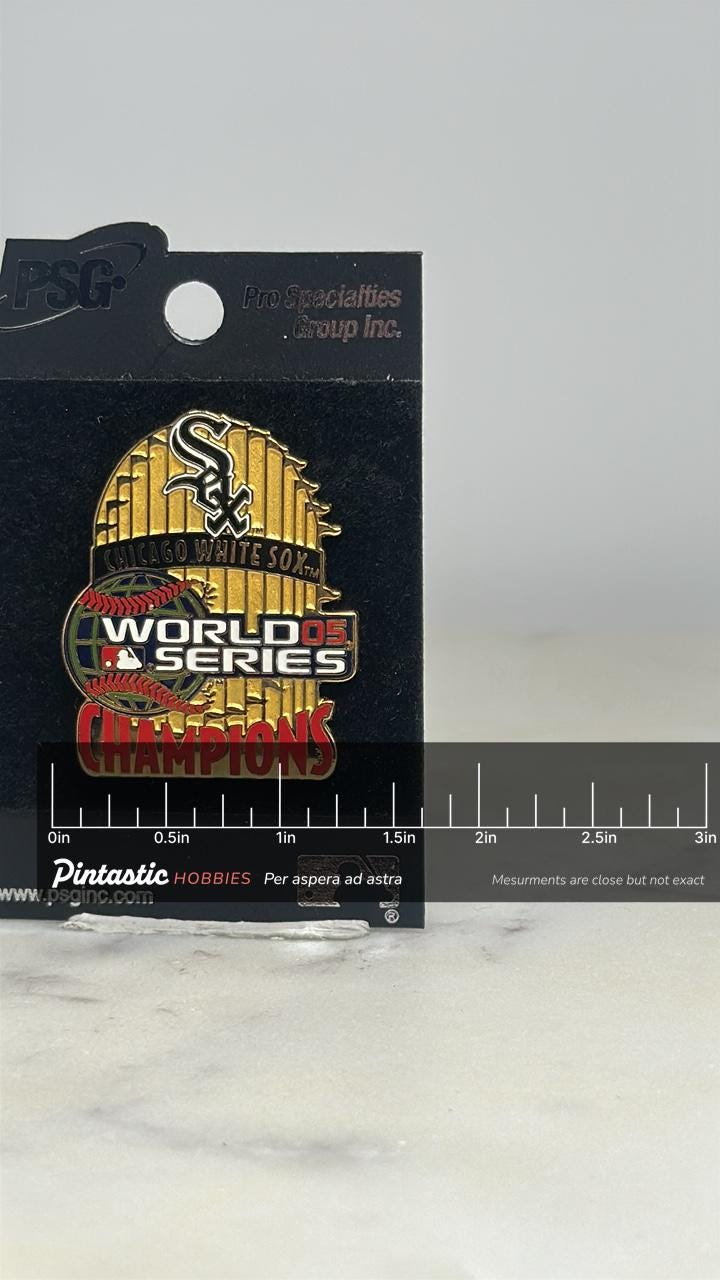 Chicago White Sox Champions Pin: Gold Enamel - 2005 World Series Accessory with ruler overlay for size reference