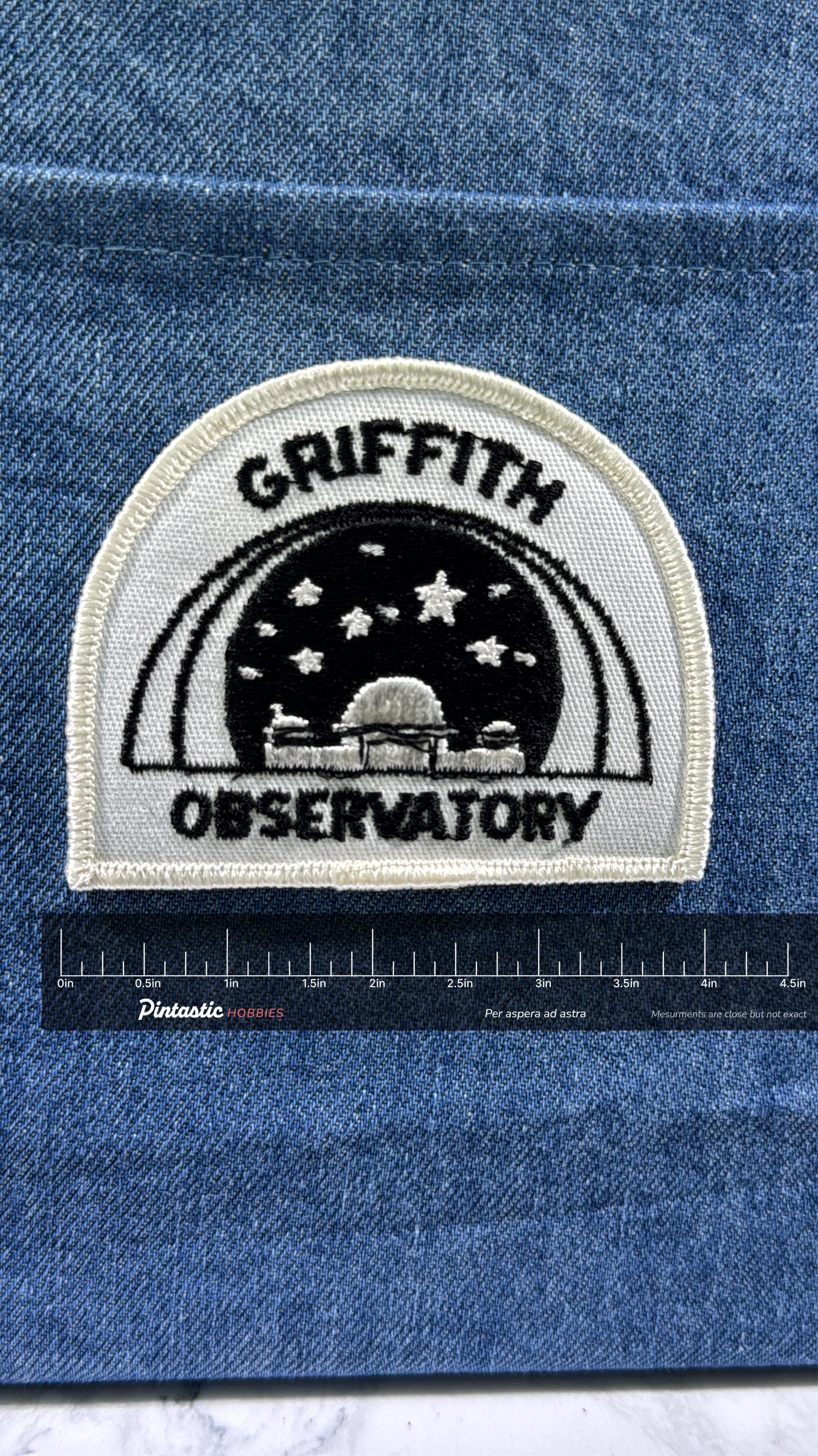 Griffith Observatory Collectable Patch: Iron-On Black & White - Space Theme Accessory with ruler overlay for size reference