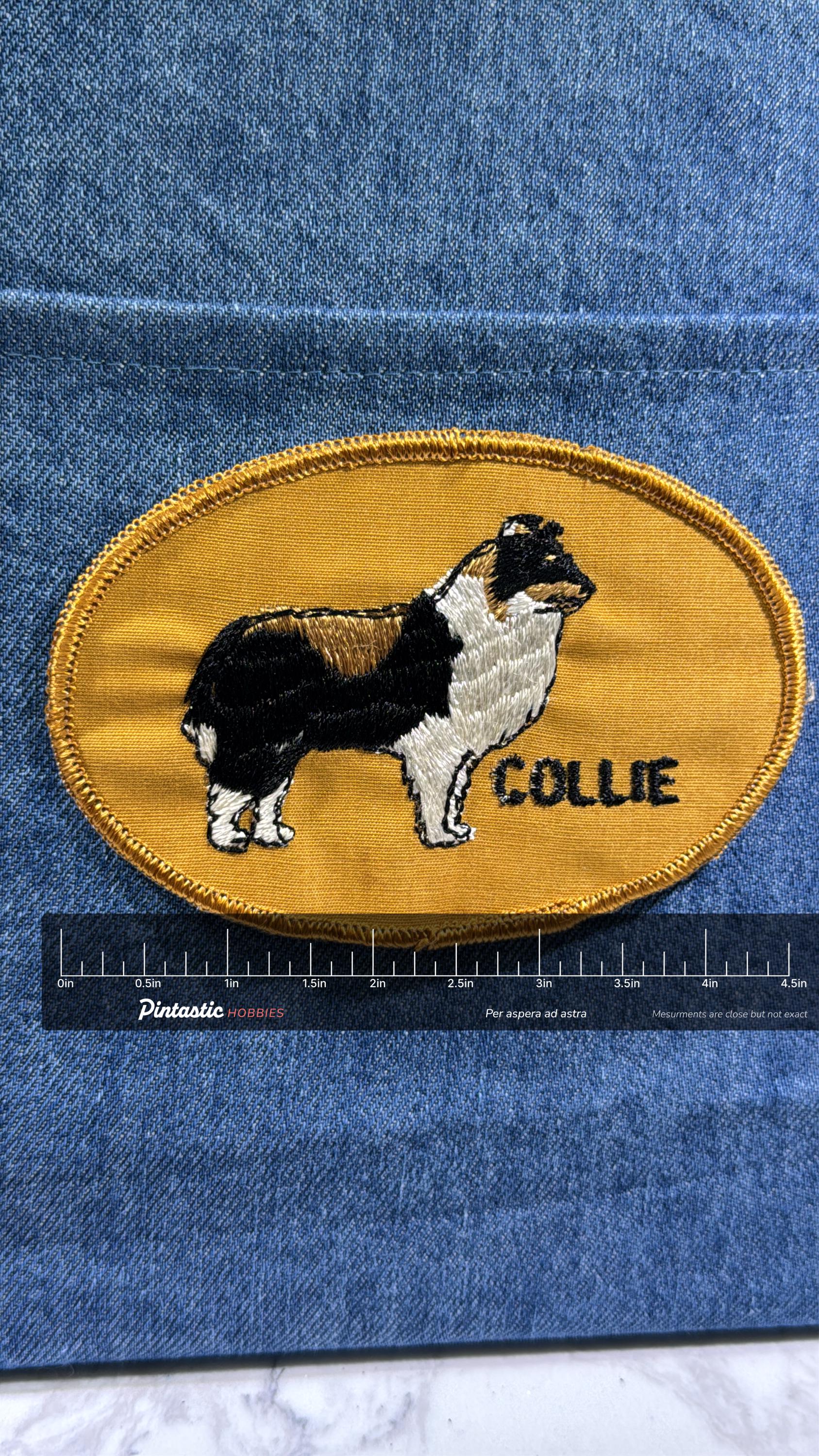 Collie Collectable Patch: Sew-On Yellow Oval - Vintage Dog Accessory with ruler overlay for size reference