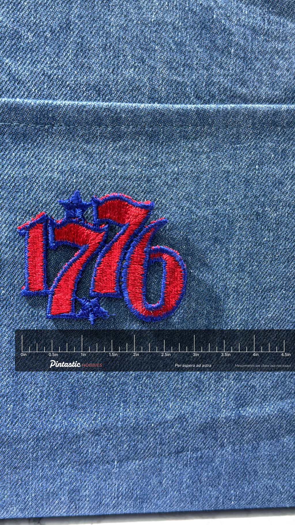 1776 Collectable Patch: Sew-On Red Blue Finish - Patriotic Accessory with ruler overlay for size reference