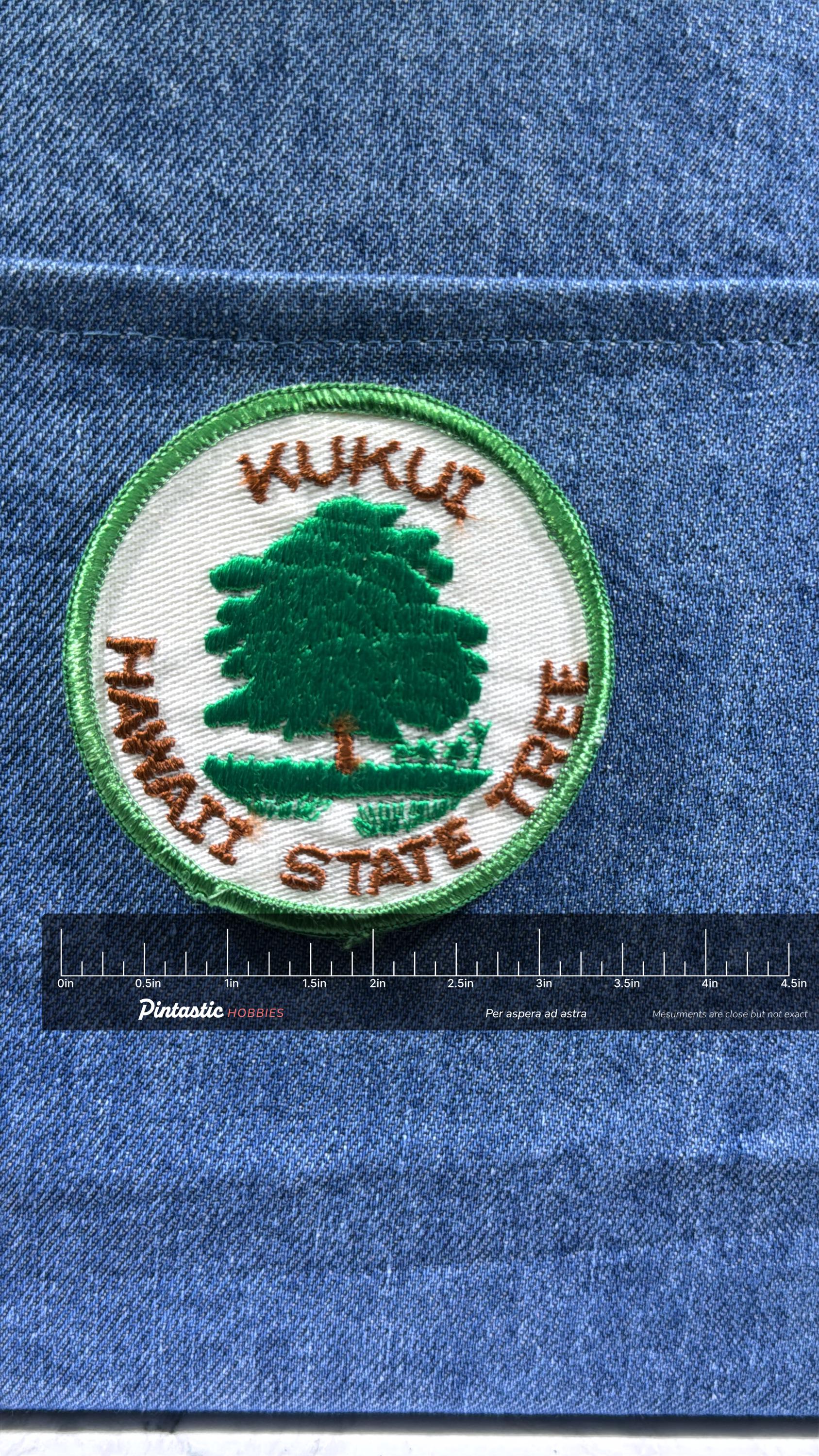 Kukui Hawaii State Tree Collectable Patch: Iron-On Green Trim - Vintage Nature Accessory with ruler overlay for size referenc