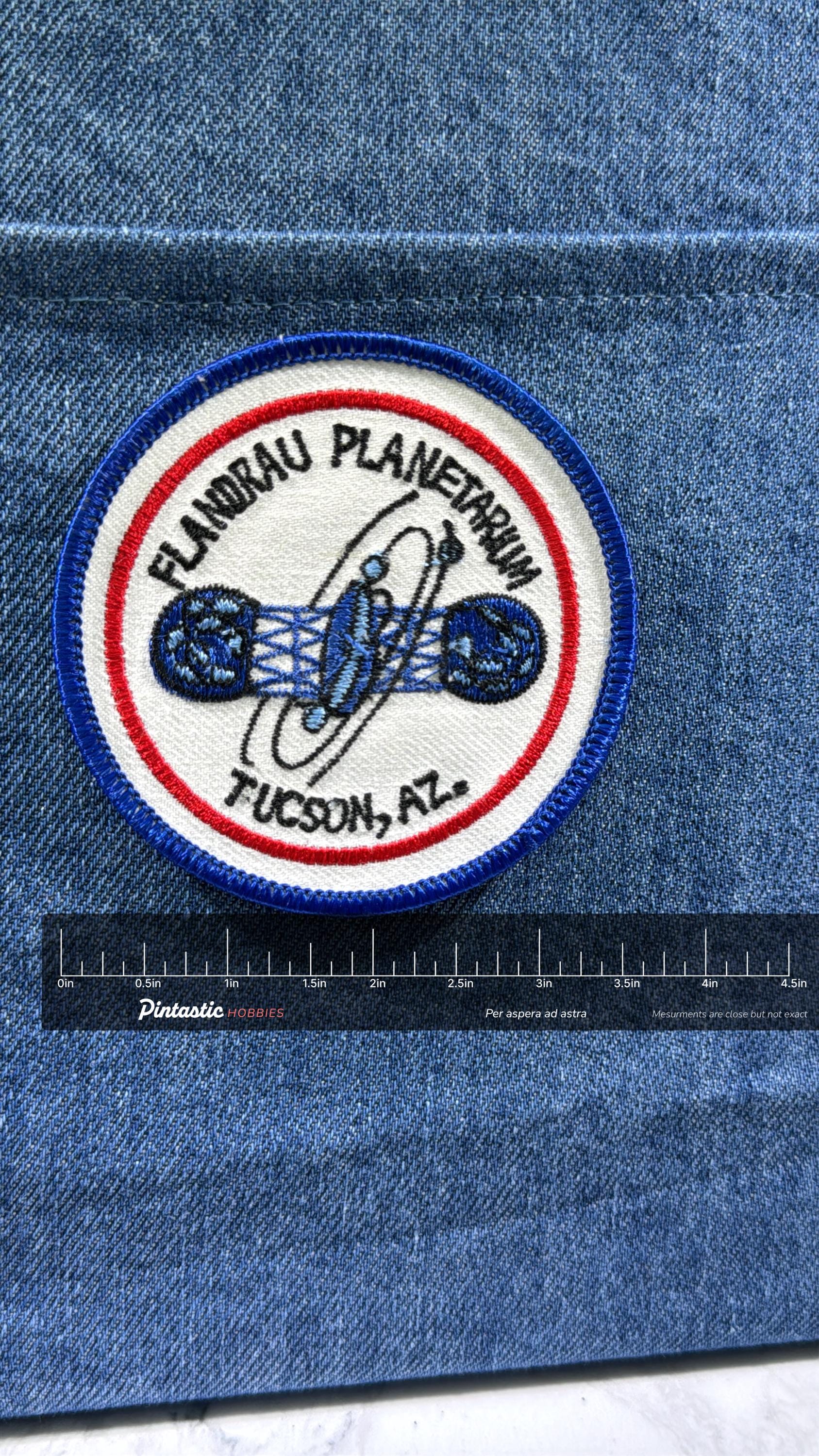 Flandrau Planetarium Collectable Patch: Sew-On White/Blue - Space Theme Accessory with ruler overlay for size reference