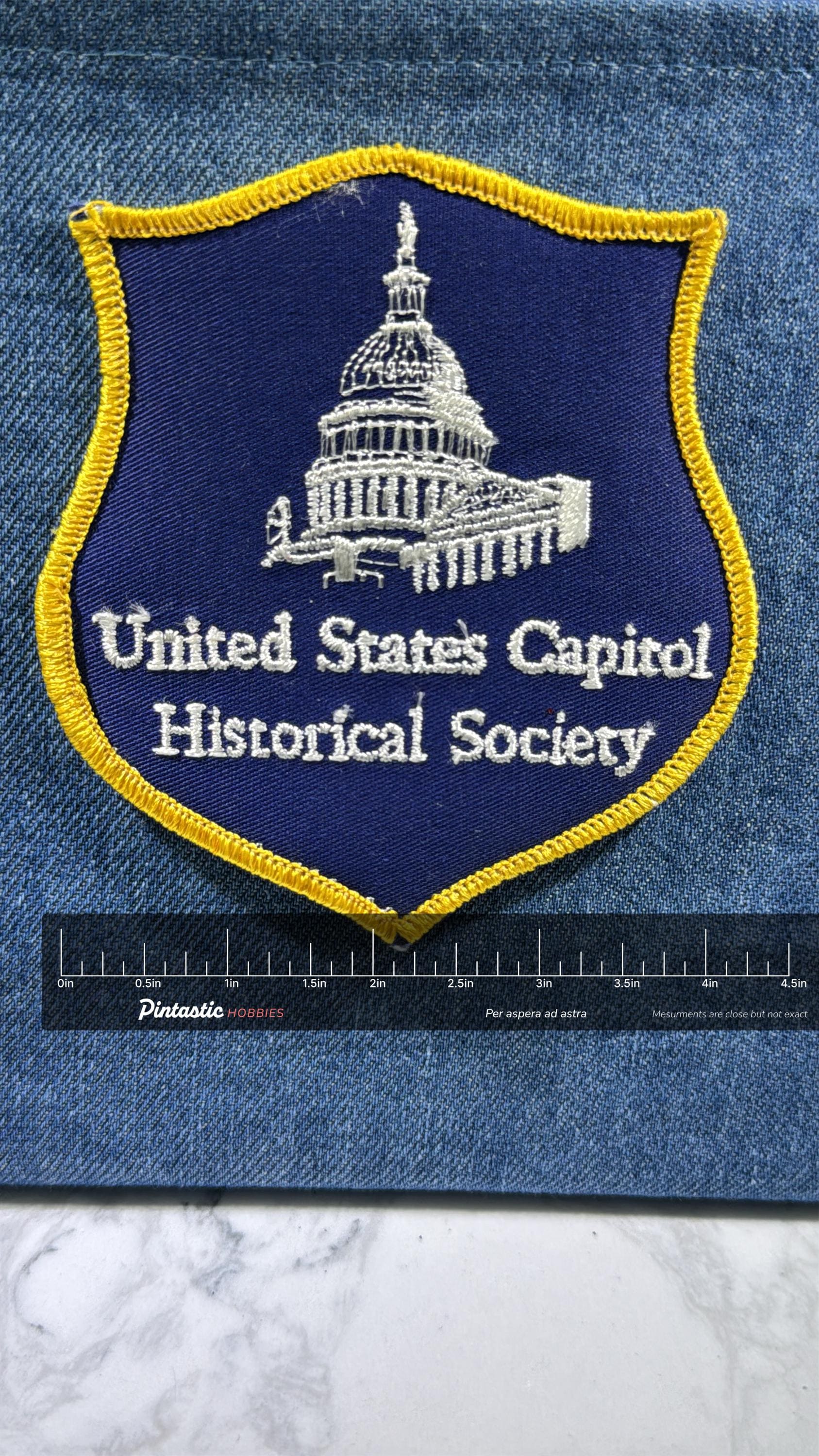 US Capitol Historical Society Patch: Iron-On Navy/Gold Shield - Vintage Historical Accessory with ruler overlay for size refe