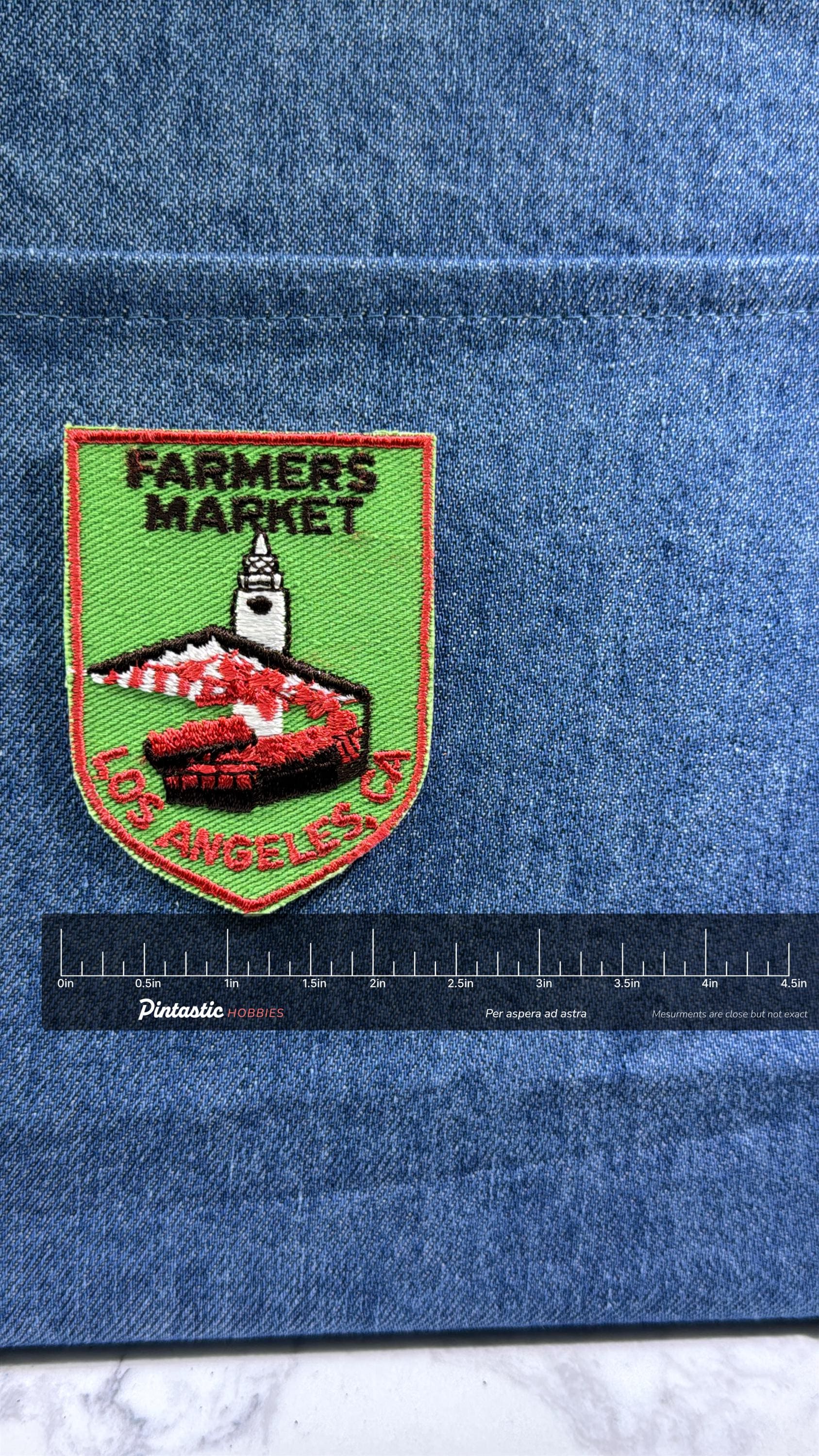 Los Angeles Farmers Market Patch: Sew-On Green Shield - Vintage City Accessory with ruler overlay for size reference