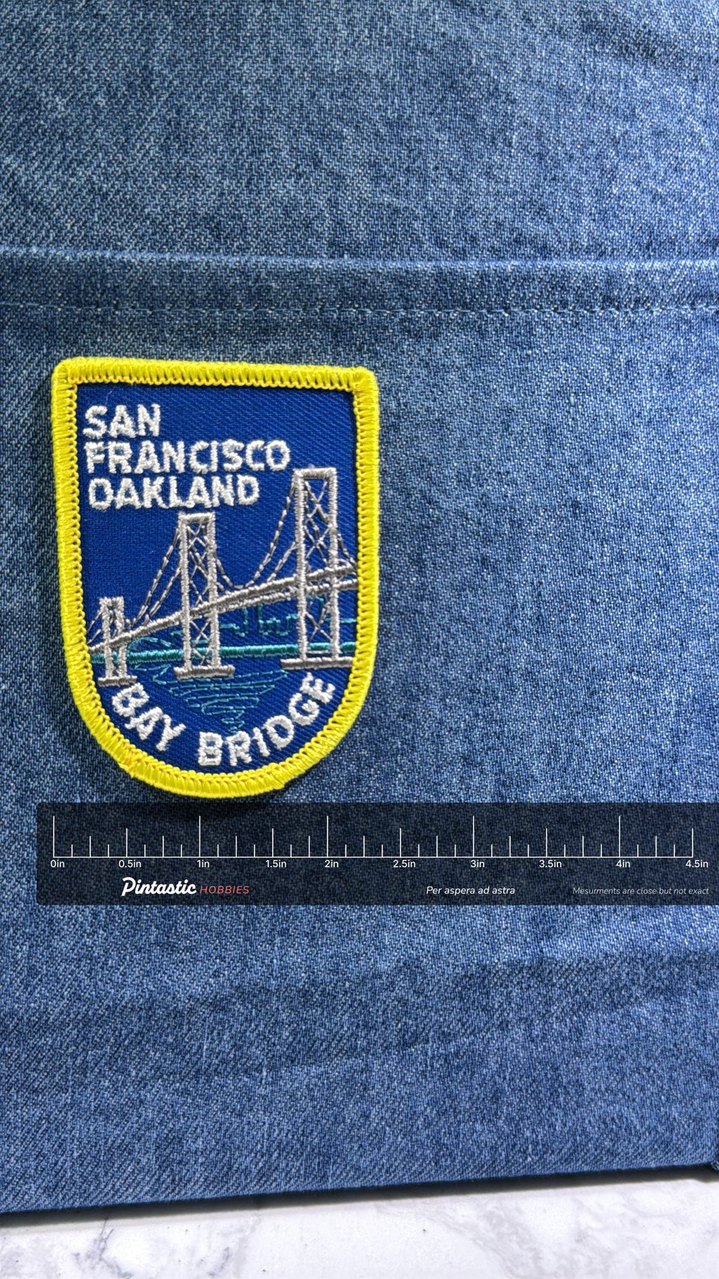 Bay Bridge Patch: Iron-On Blue/Yellow - Vintage Travel Accessory with ruler overlay for size reference