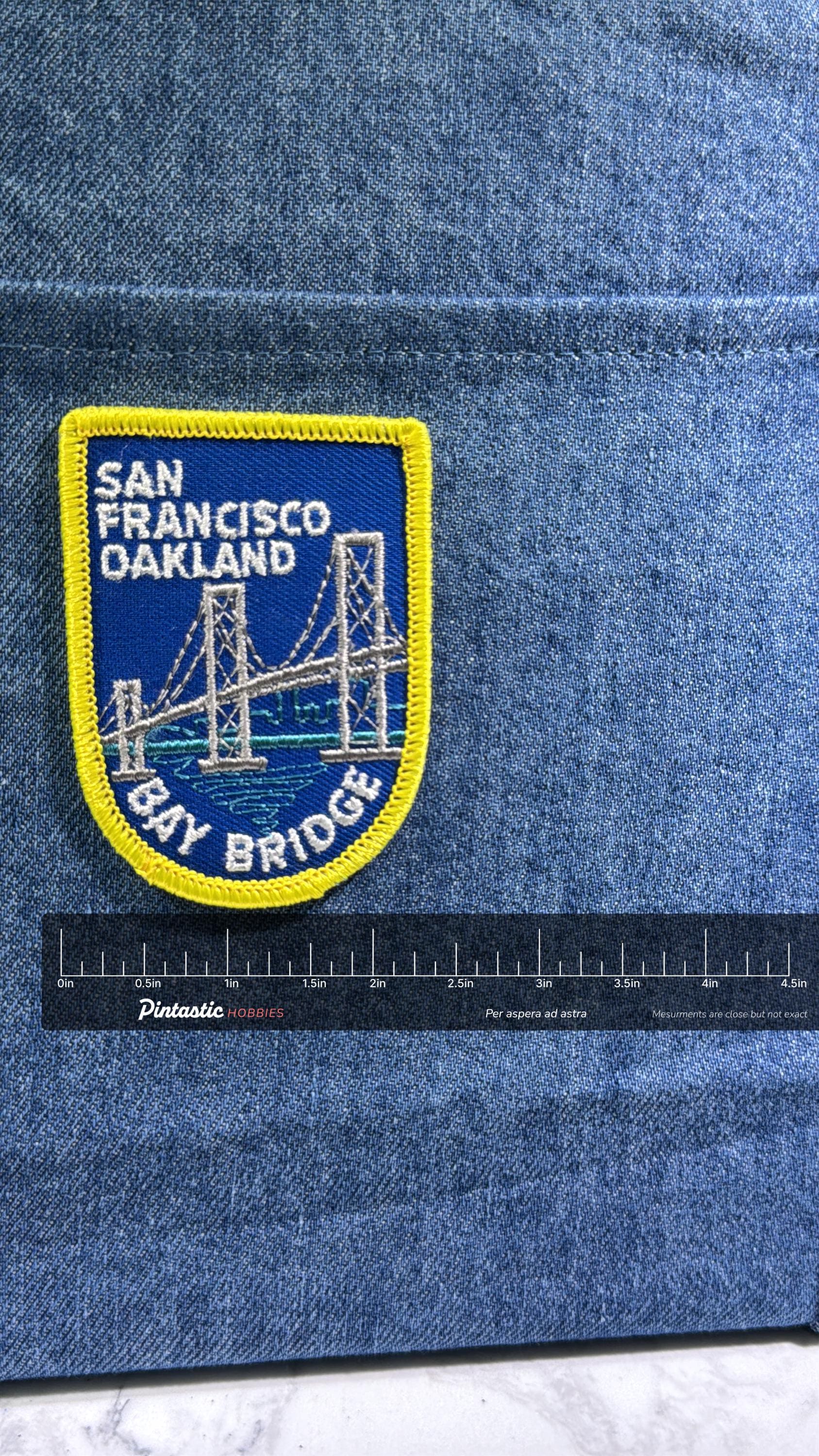 Bay Bridge Patch: Iron-On Blue/Yellow - Vintage Travel Accessory with ruler overlay for size reference