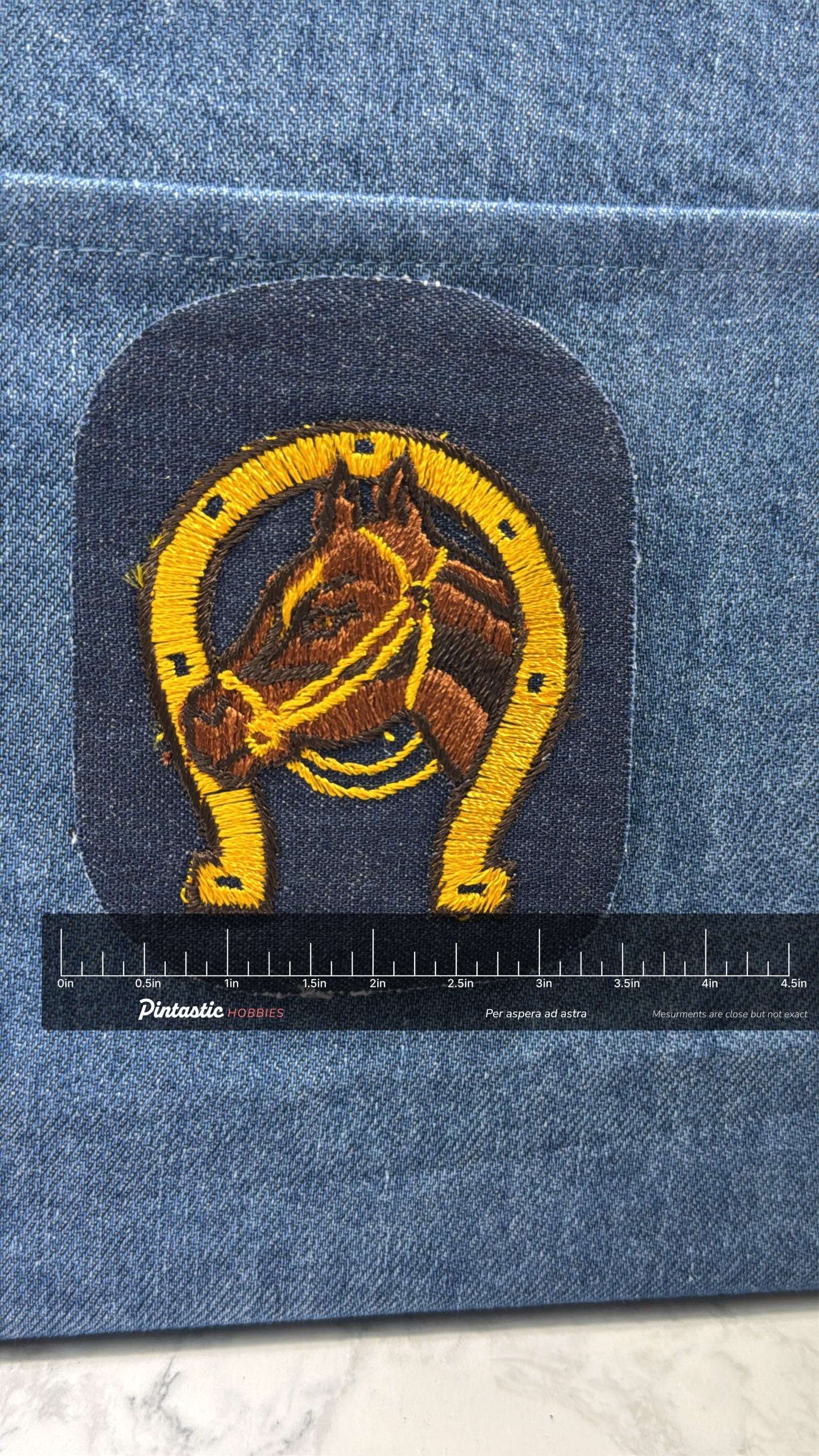 Horse & Horseshoe Collectable Patch: Iron-On Gold/Blue - Western Theme Accessory with ruler overlay for size reference