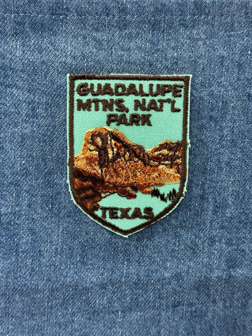 Guadalupe Mtns Patch: Iron-On Mint Green Shield - Vintage Travel Accessory