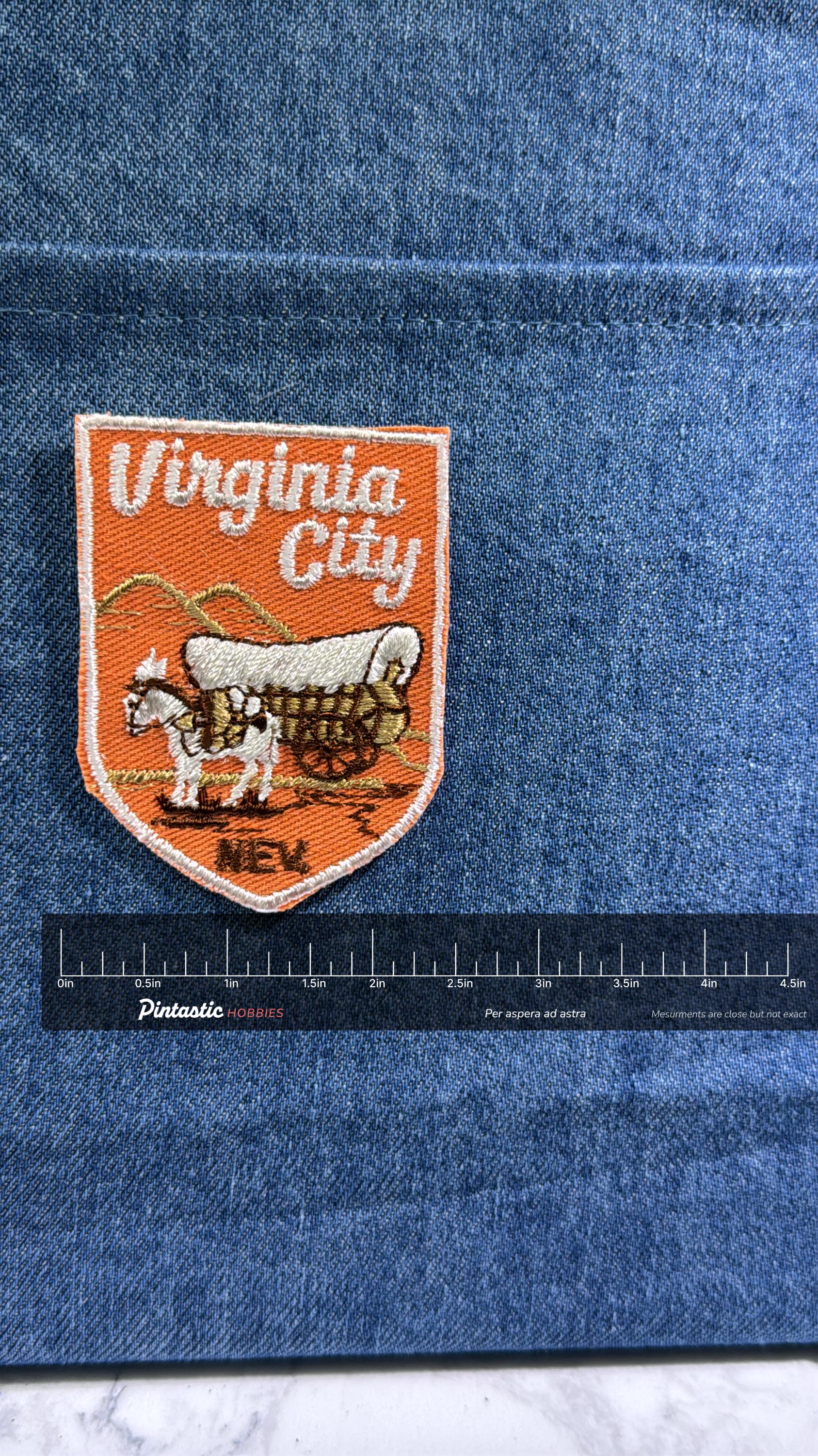 Virginia City Collectable Patch: Sew-On Orange Shield - Western Travel Accessory with ruler overlay for size reference
