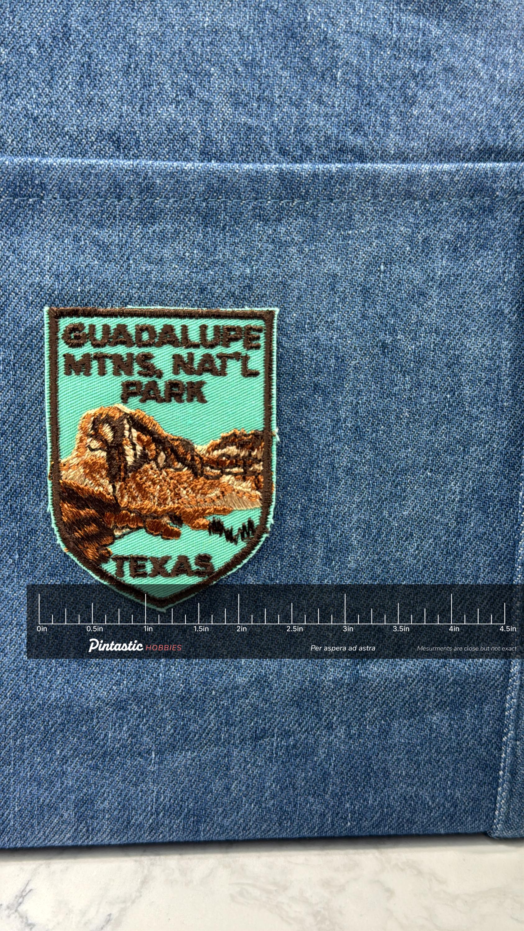 Guadalupe Mtns Patch: Iron-On Mint Green Shield - Vintage Travel Accessory with ruler overlay for size reference