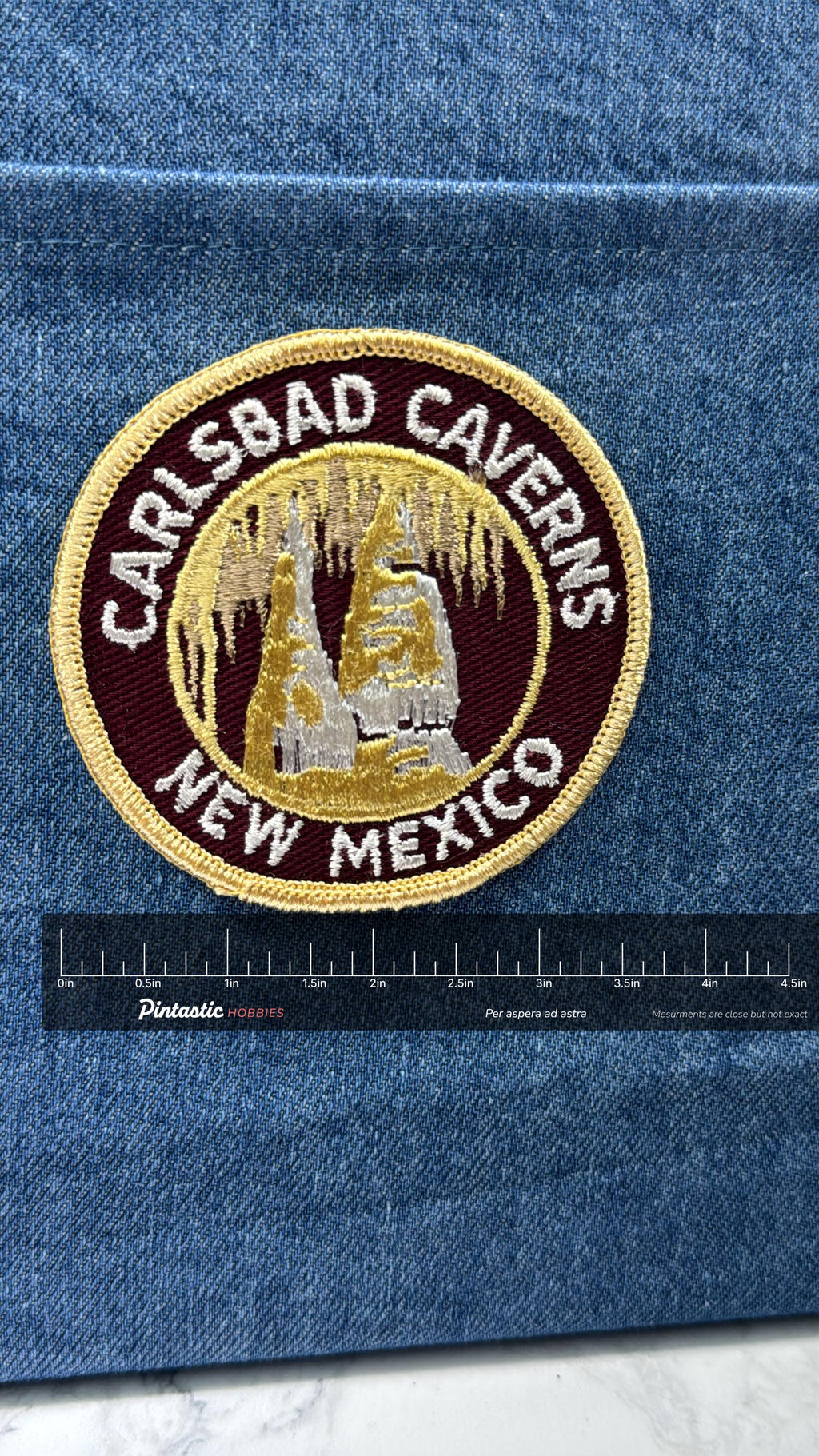 Carlsbad Caverns Collectable Patch: Iron-On Brown Gold - Vintage Travel Accessory with ruler overlay for size reference