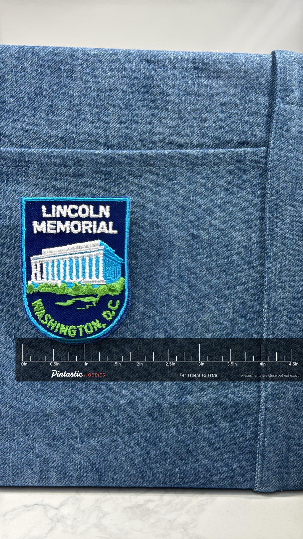 Lincoln Memorial Collectable Patch: Sew-On Blue Green - Travel Souvenir Accessory with ruler overlay for size reference