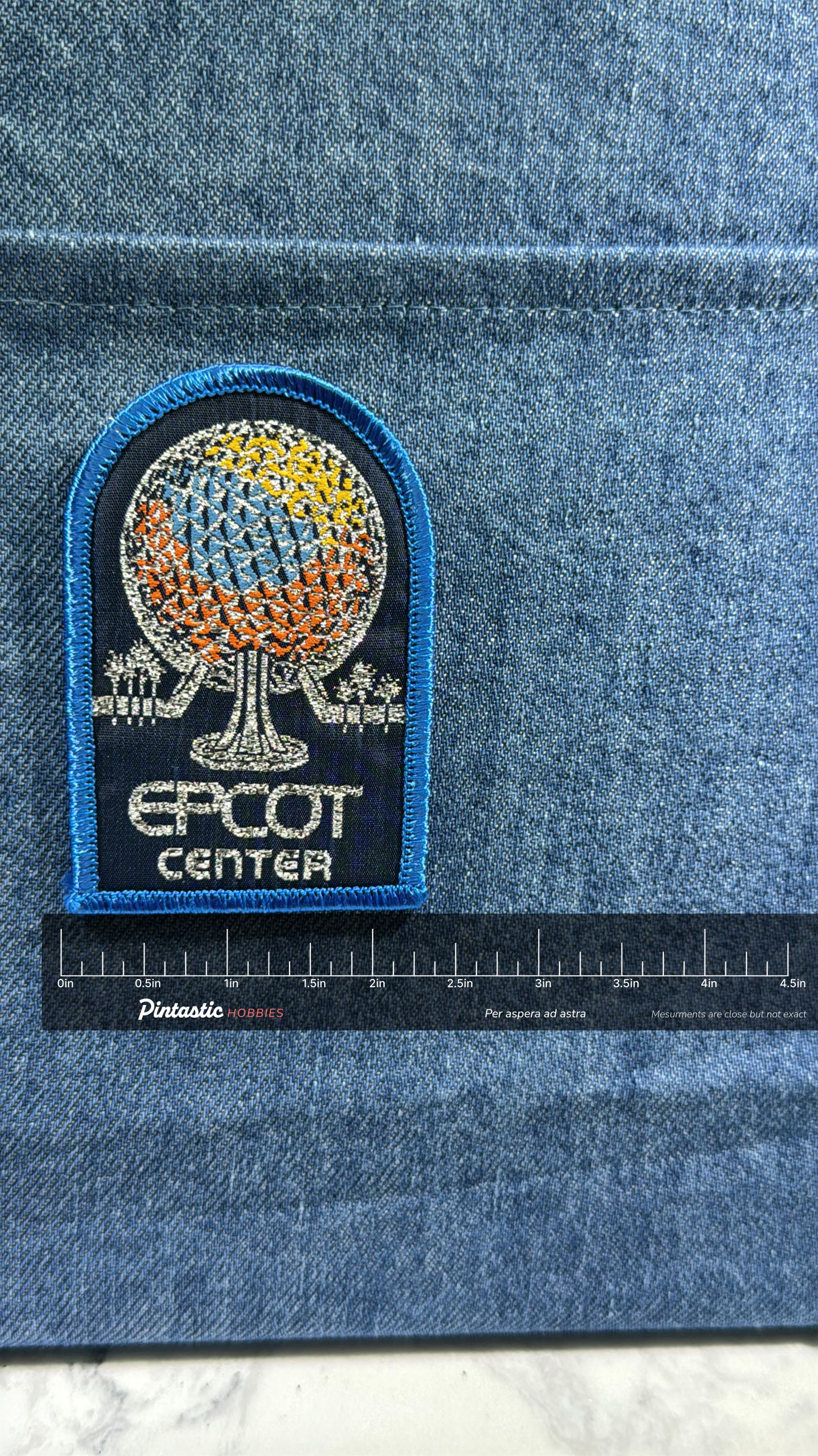 EPCOT Center Collectable Patch: Iron-On Multicolor Iconic - 1980s Theme Park Accessory with ruler overlay for size reference