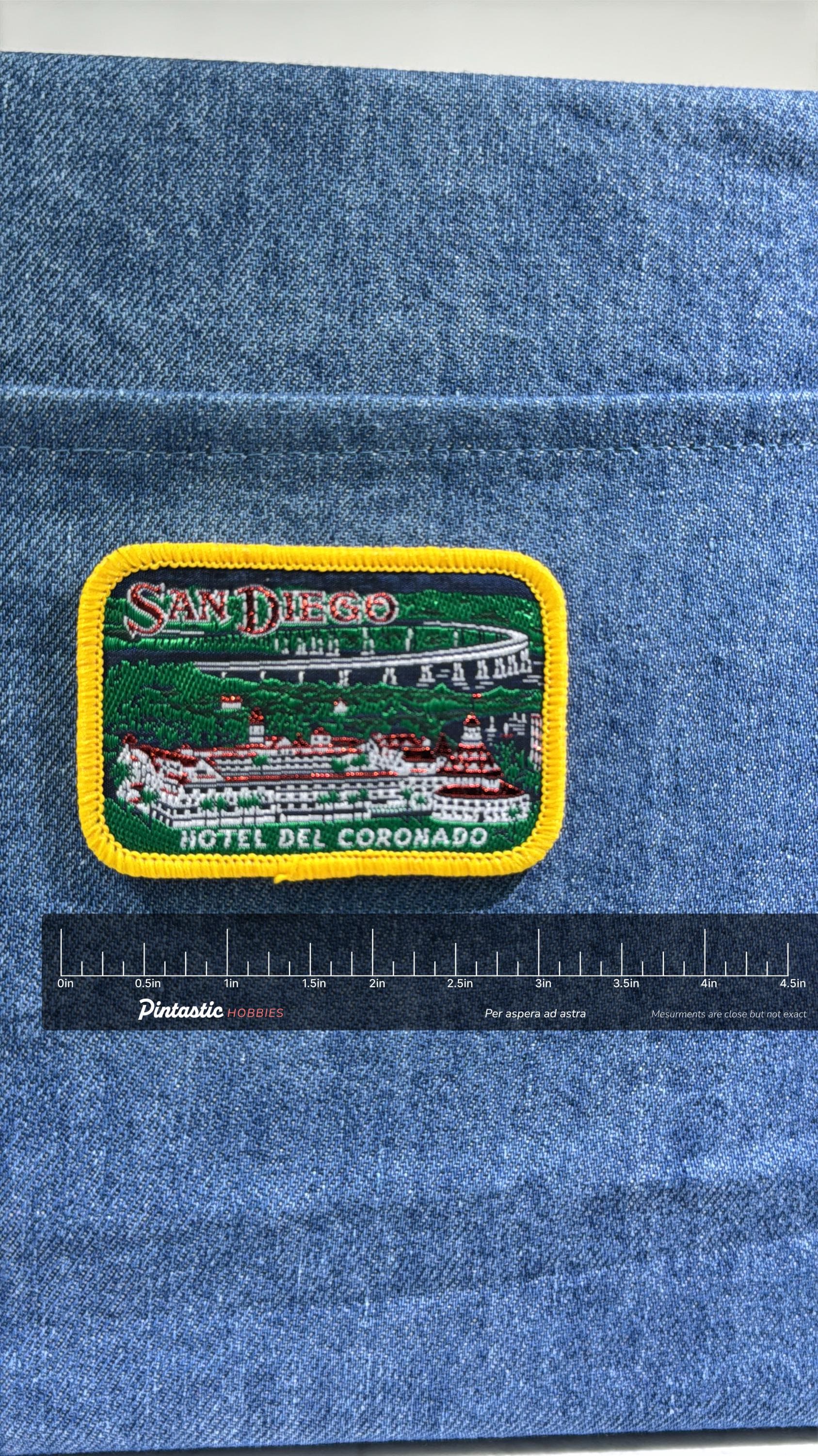 San Diego Hotel Collectable Patch: Sew-On Multicolor Rectangle - Vintage Travel Accessory with ruler overlay for size referen