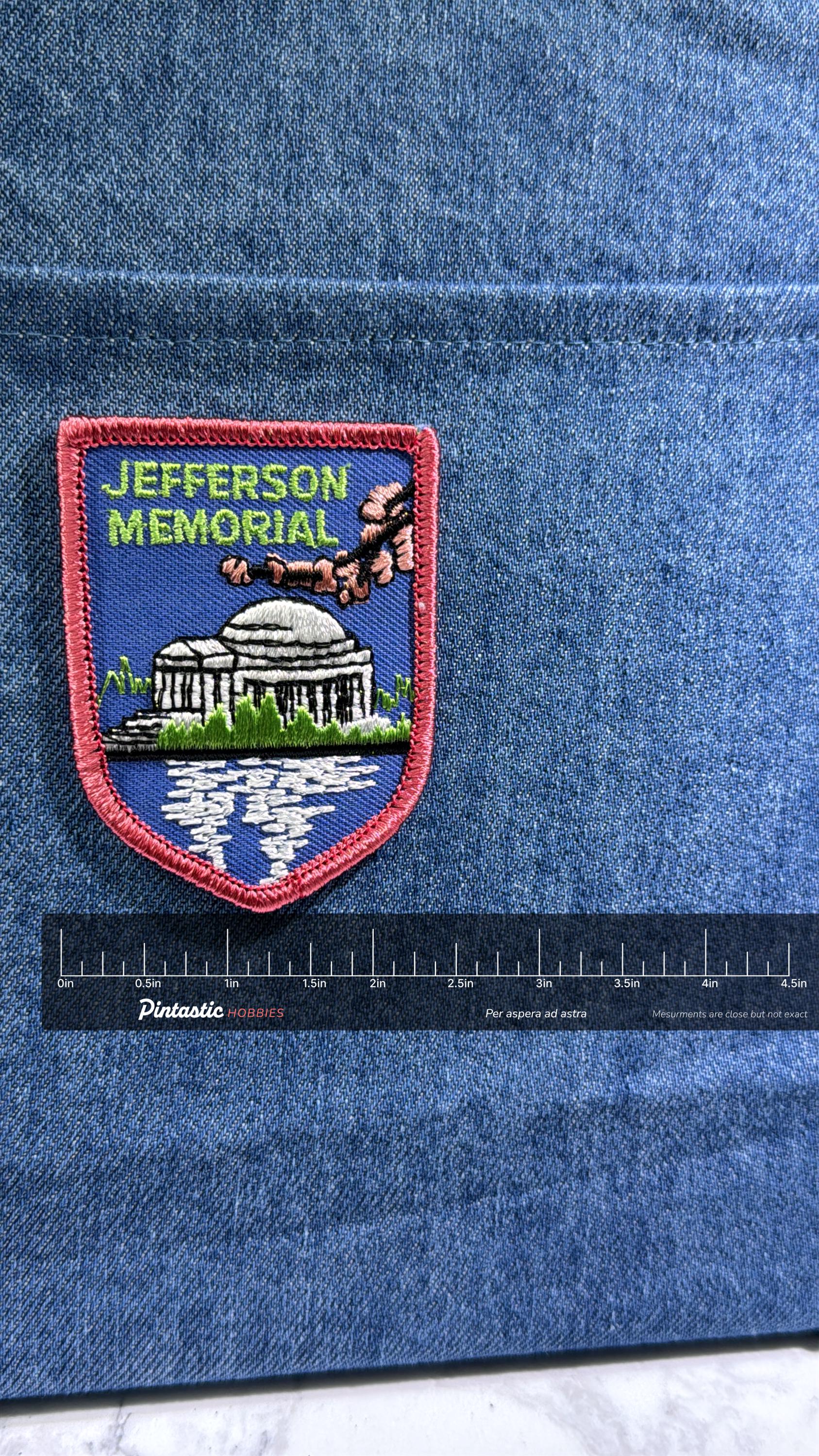 Jefferson Memorial Collectable Patch: Iron-On Red Border - Travel Souvenir with ruler overlay for size reference