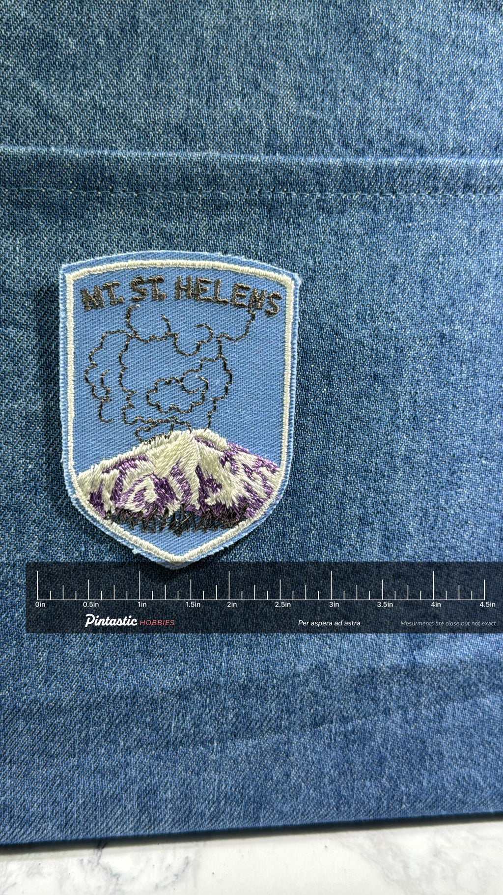 Mt. St. Helens Collectable Patch: Sew-On Blue Shield - Vintage Travel Accessory with ruler overlay for size reference