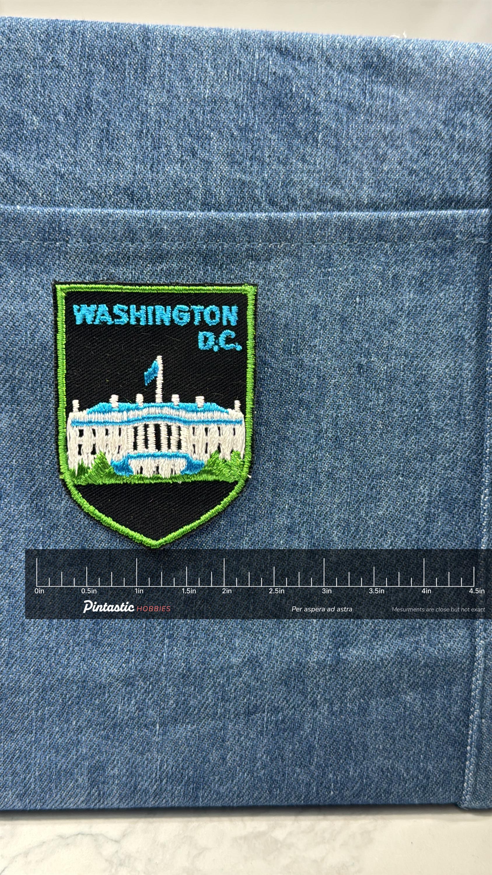 Washington D.C. Collectable Patch: Sew-On Black/Green - Travel Souvenir Accessory with ruler overlay for size reference