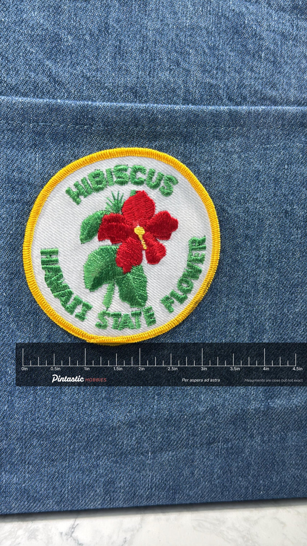 Hibiscus Collectable Patch: Sew-On Round Colorful - Hawaii State Flower with ruler overlay for size reference
