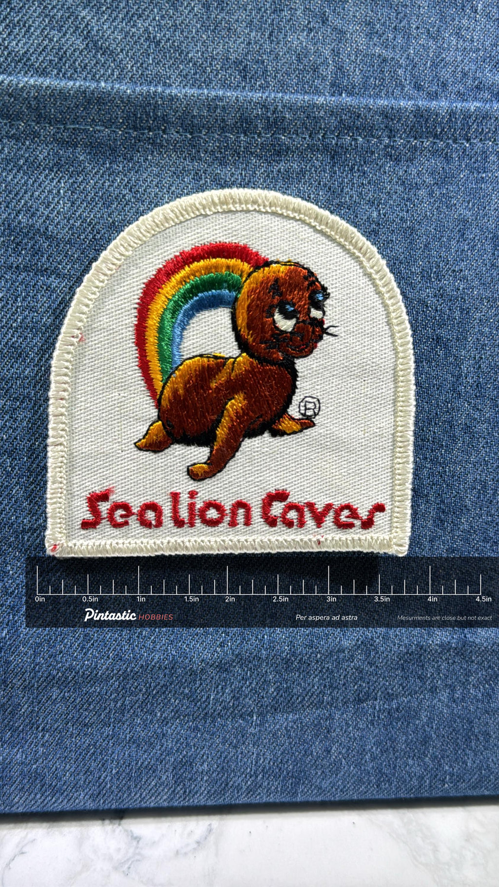 Sea Lion Caves Collectable Patch: Iron-On Rainbow Design - Vintage Souvenir Accessory with ruler overlay for size reference