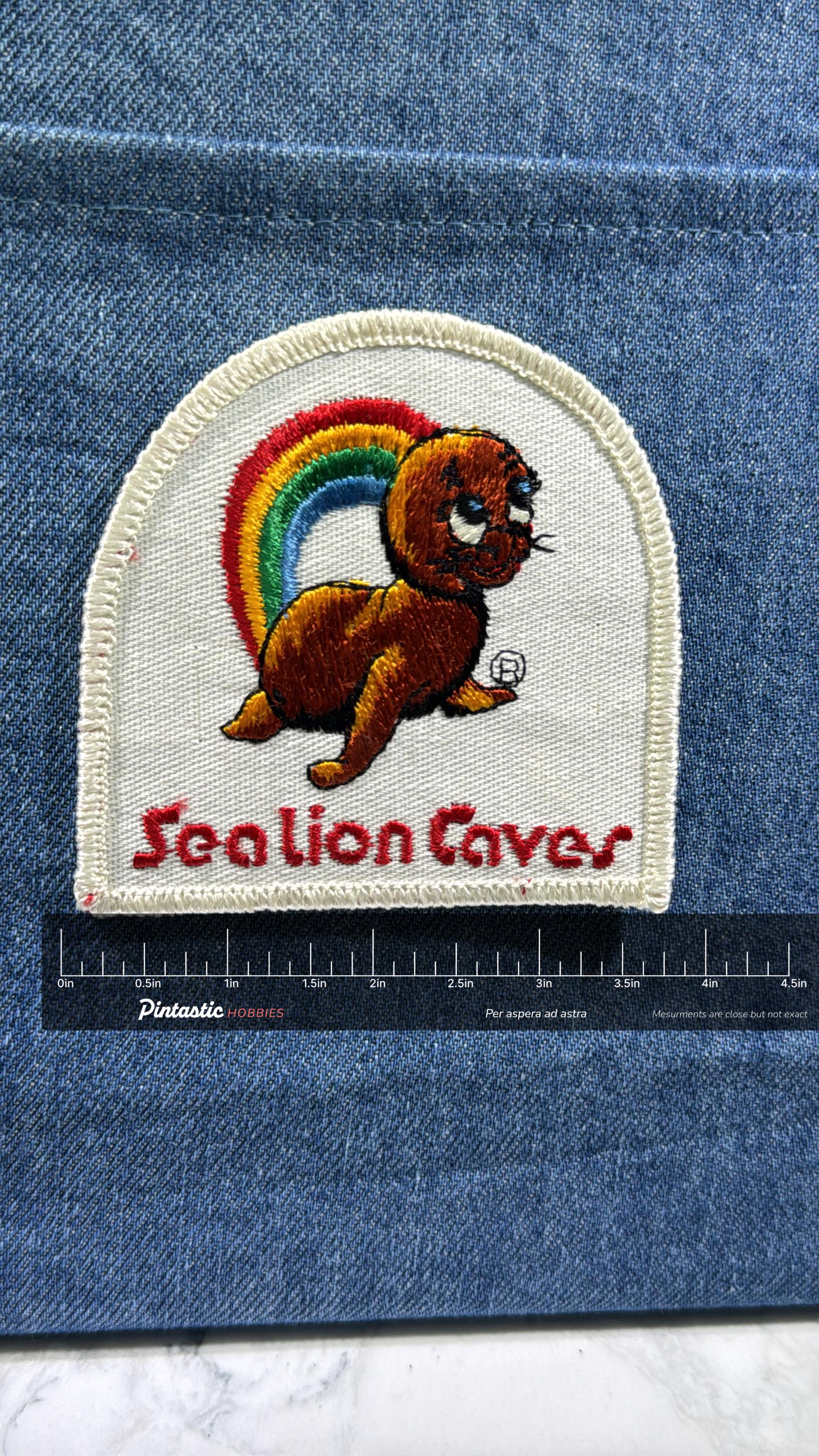Sea Lion Caves Collectable Patch: Iron-On Rainbow Design - Vintage Souvenir Accessory with ruler overlay for size reference