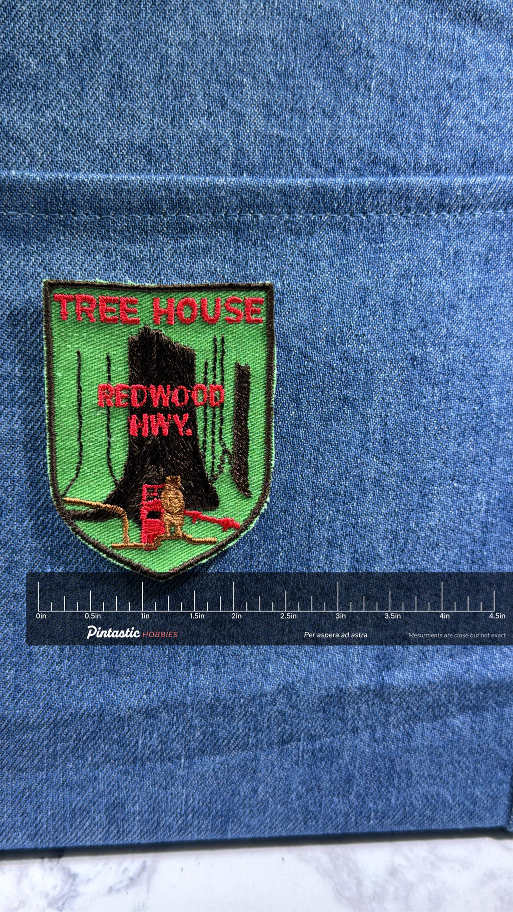Tree House Redwood Hwy Collectable Patch: Sew-On Green Shield - Vintage Travel Accessory with ruler overlay for size referenc